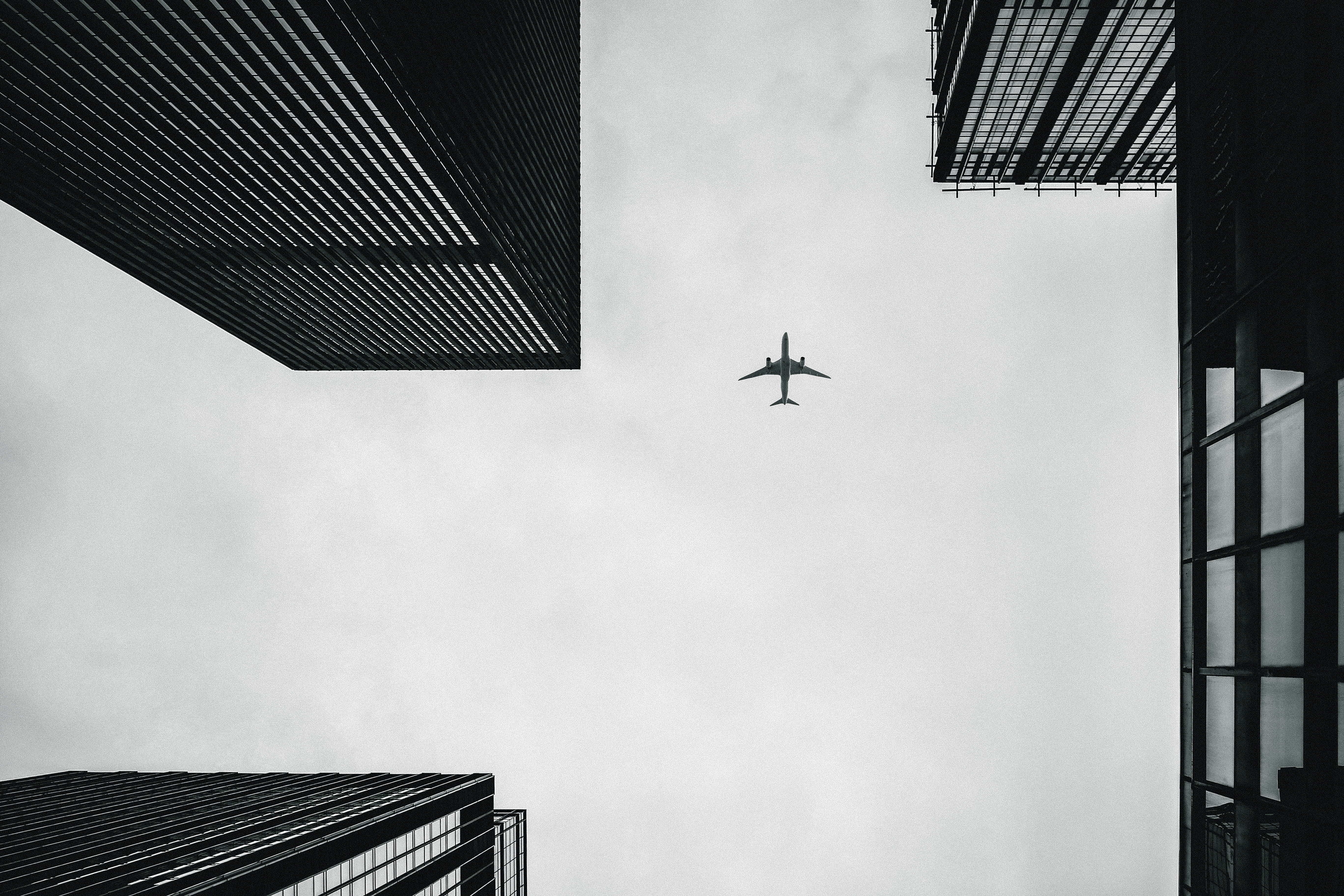 no people, low angle photography, built structure, angle, directly below, aviation, flying, city, fly, journey, low angle view, urban, photography, day, HD Wallpaper