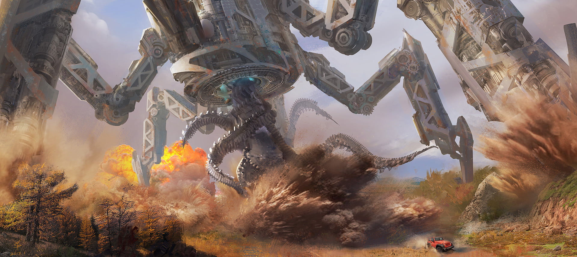 fantasy art, SY-37, Transformers, digital art, explosion, 1080P, Jeep, trees, HD Wallpaper