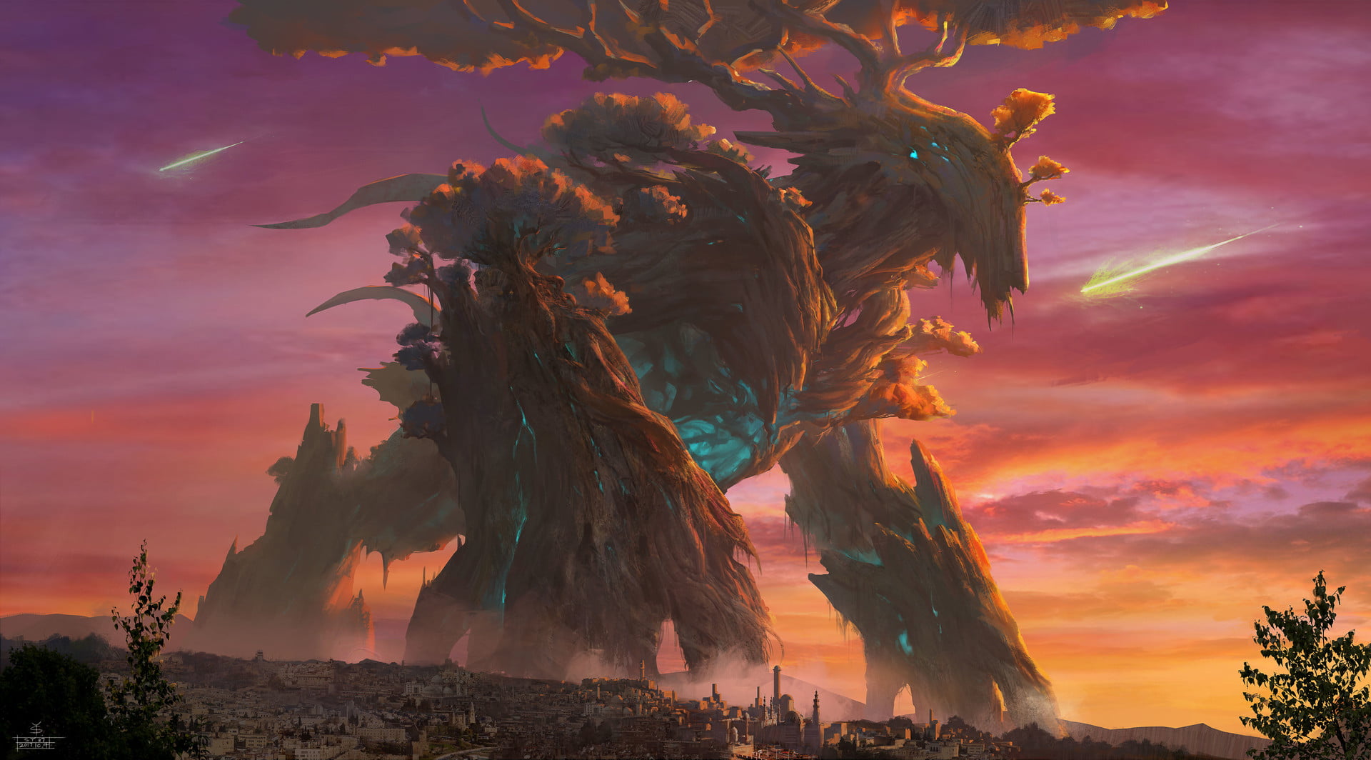 trees, SY-37, 1080P, fantasy art, creature, digital art, sunset, landscape, giant, sunrise, shooting stars, HD Wallpaper