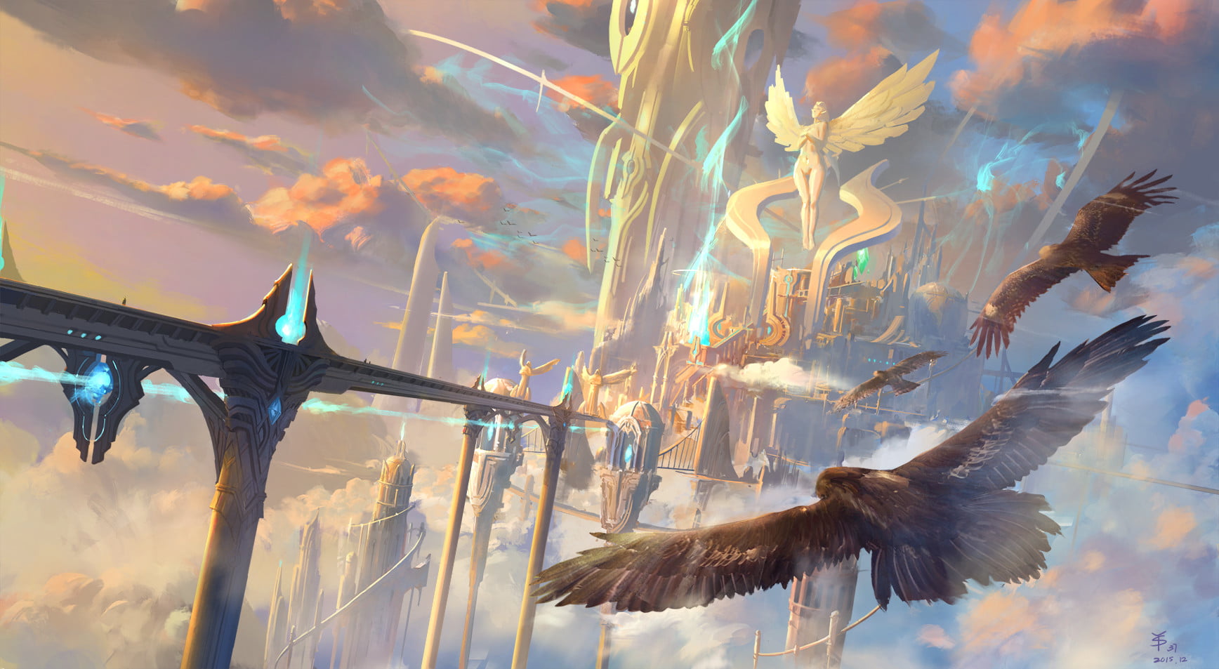 landscape, digital art, birds, fantasy art, SY-37, fantasy city, clouds, 720P, HD Wallpaper