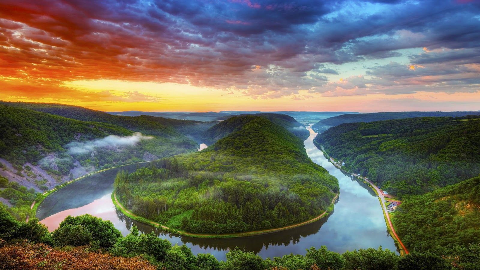 nature, landscape, land, saar, plant, flowing, water, sunset, outdoors, cloud - sky, river, 720P, environment, orange color, sky, tranquility, flowing water, HD Wallpaper