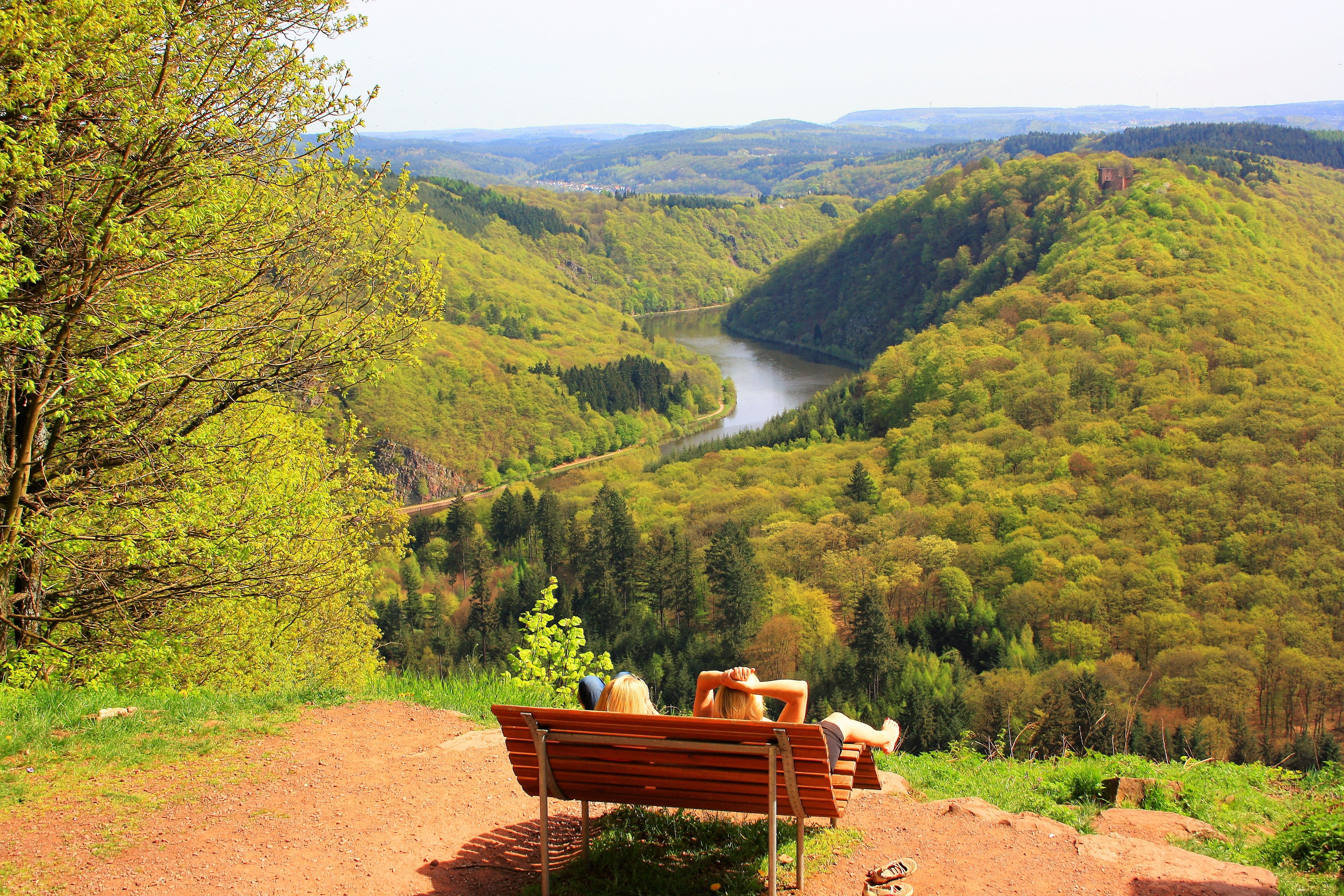 more, seat, sunshine, outdoors, river landscape, plant, silent, outlook, cloef, mountain, green, wall weather, scenics - nature, tranquility base, saar loop, HD Wallpaper