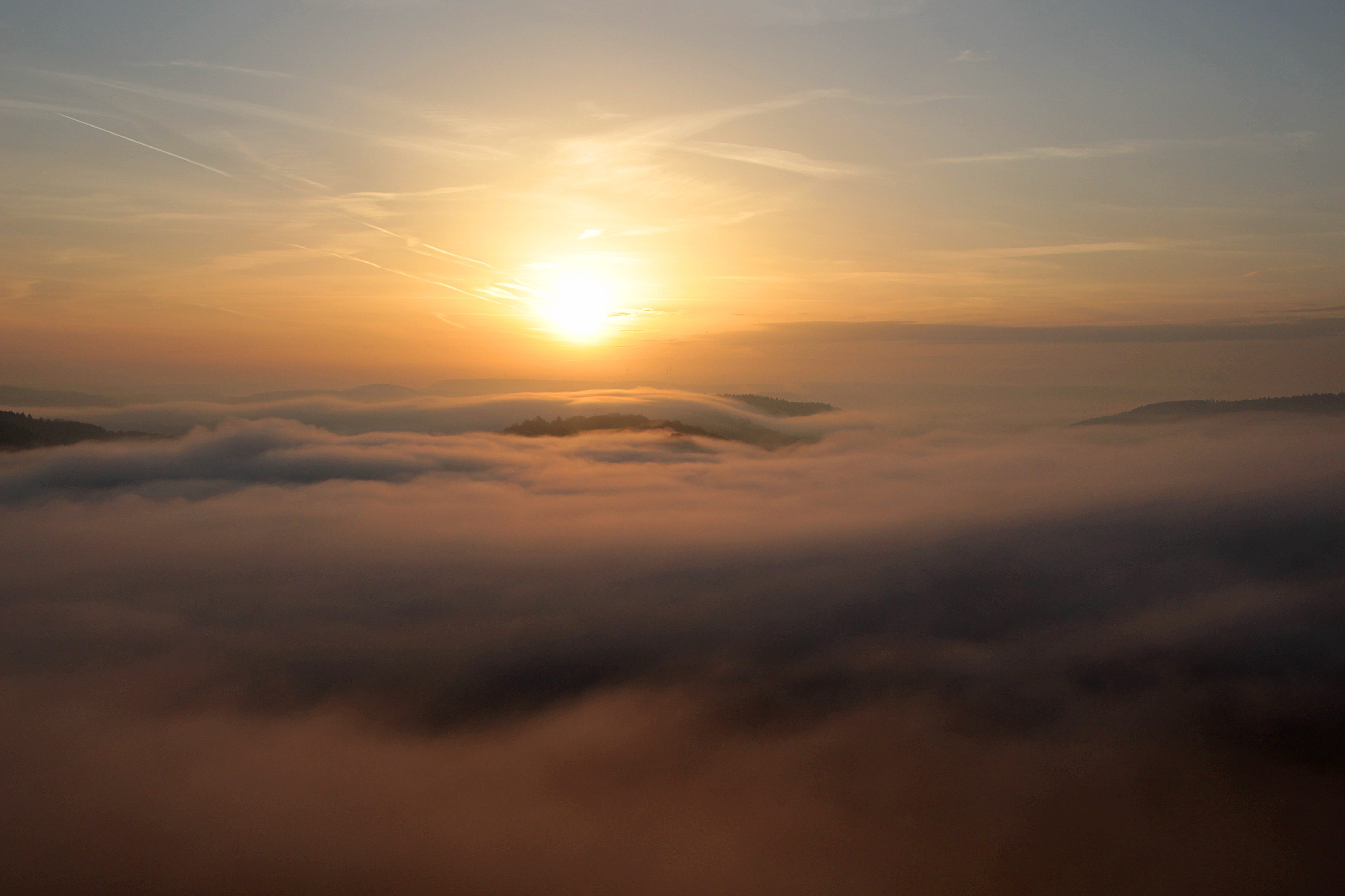 fog, meteorology, orange color, landscape, sky, sunlight, sea, no people, majestic, tranquility, saarland, morning mist, dramatic sky, foggy, tranquil scene, HD Wallpaper