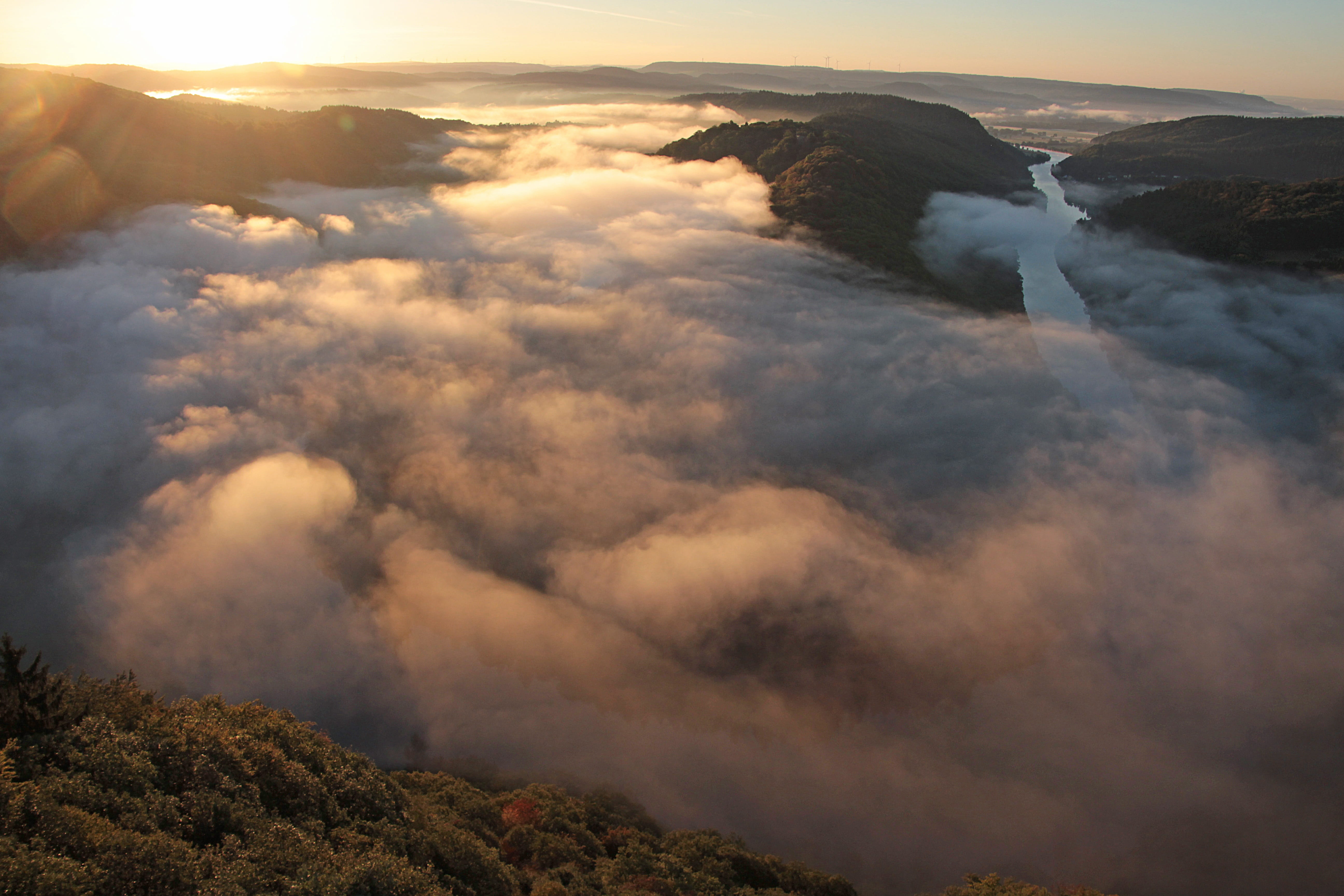sunrise, landscape, mood, cloudscape, outdoors, sunset, foresight, backlighting, scenics - nature, morning, high angle view, autumn, sun, aerial view, nature, HD Wallpaper