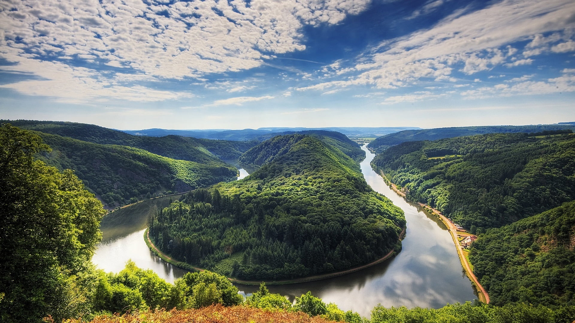 nature, trees, clouds, sky, river, 1080P, forest, Germany, Saarschleife, HD Wallpaper
