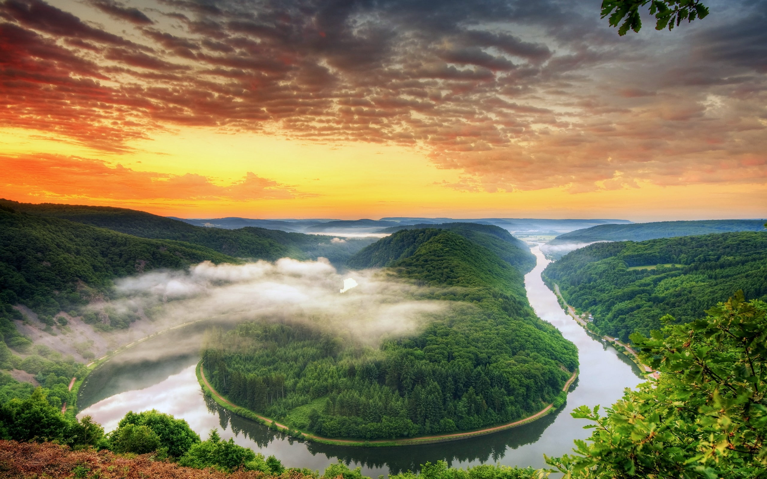 clouds, 2K, art, water, rivers, hd, saarschleife, x, evening, nature, trees, saarland, germany, sunset, HD Wallpaper