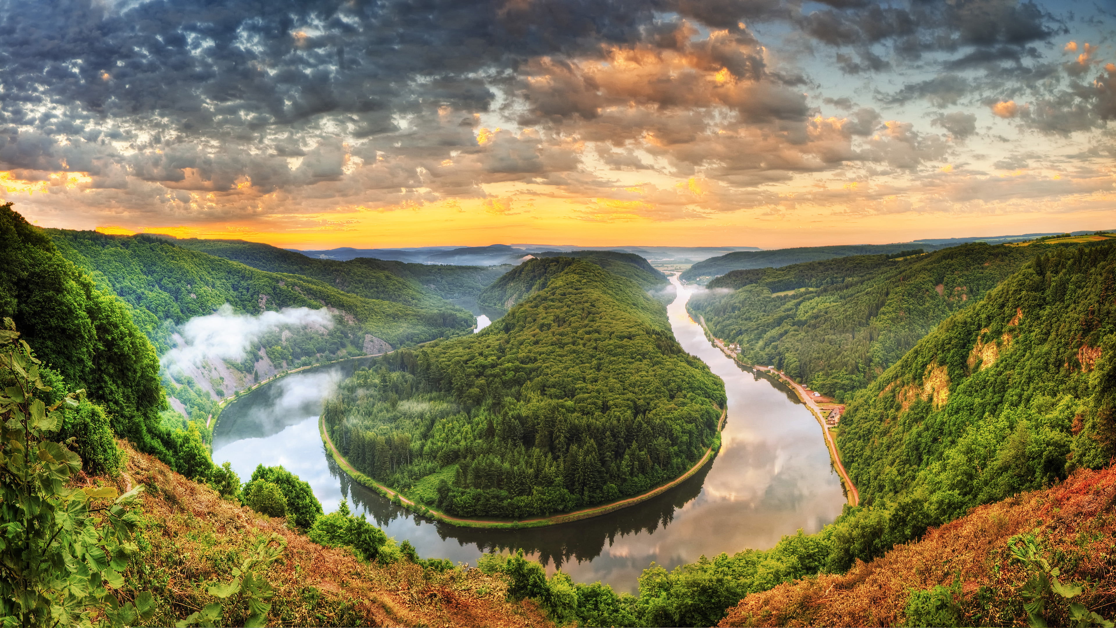 flowing water, scenics - nature, sunset, cloud - sky, water, saarschleife, nature, environment, plant, juni, landscape, tranquility, tranquil scene, orange color, HD Wallpaper