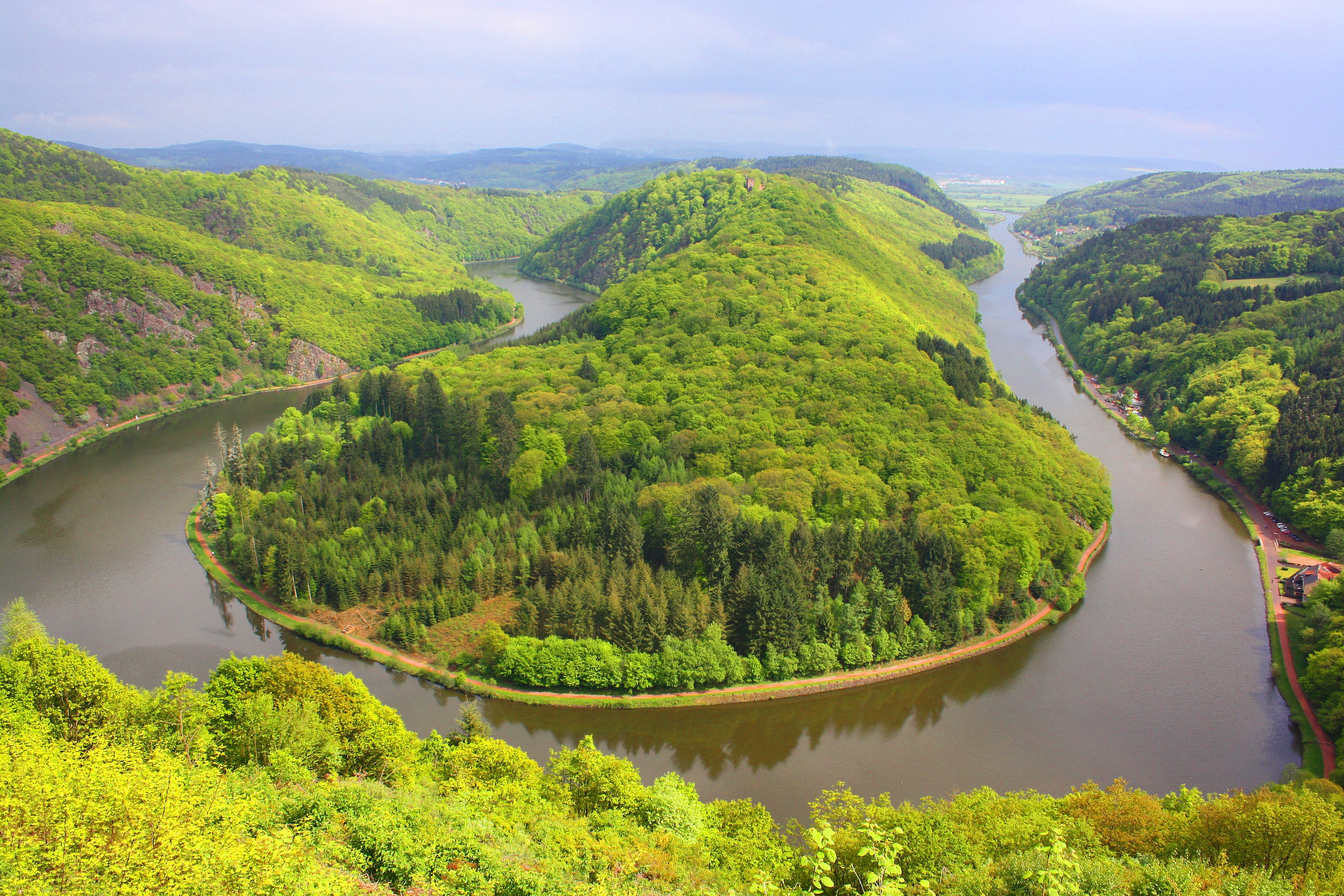 lush foliage, panorama, no people, river, places of interest, tranquil scene, growth, hill, plant, green landscape, nature, forest, hilly, sky, non-urban scene, HD Wallpaper