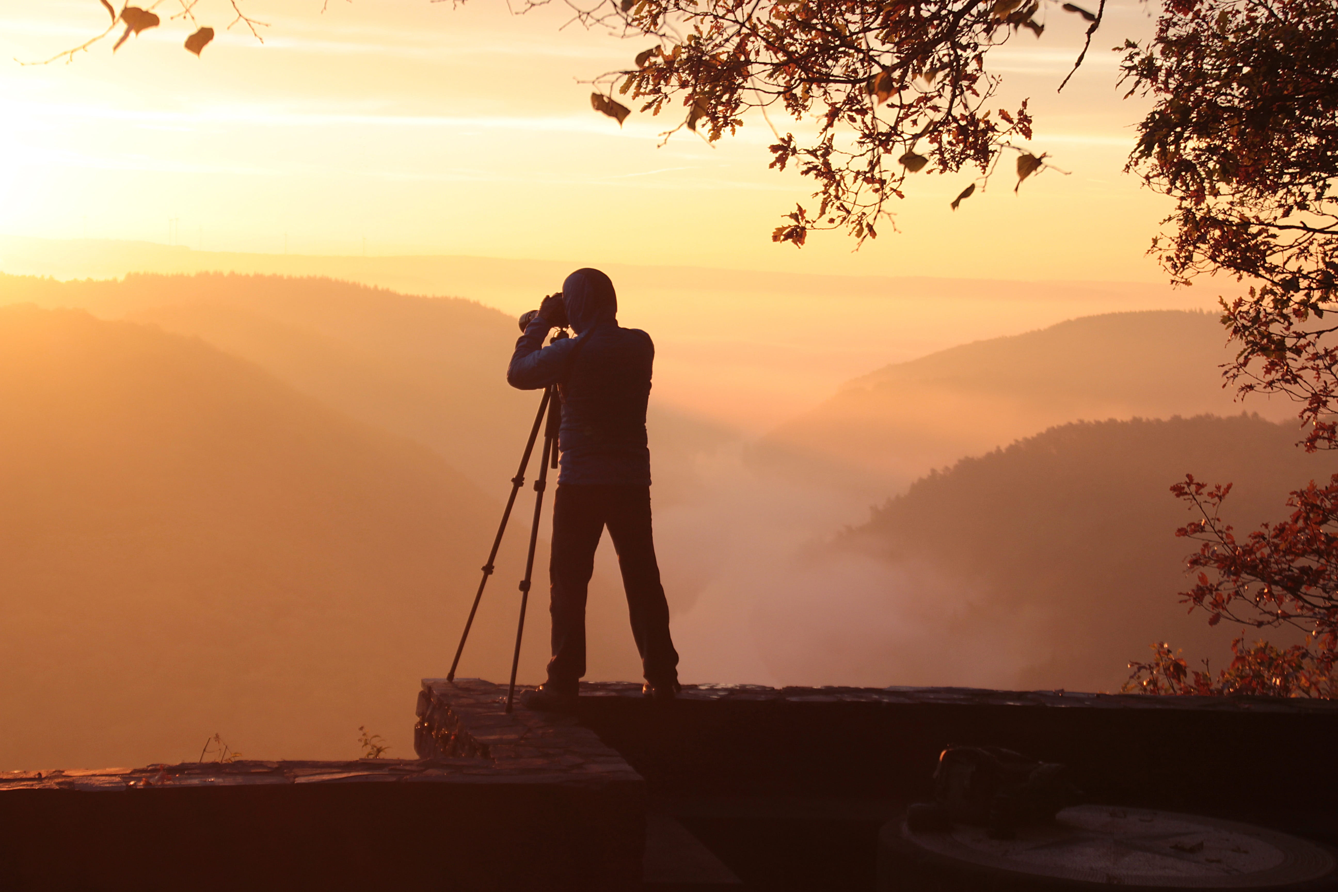photography themes, camera - photographic equipment, photographing, person, saarland, morgenstimmung, photography, sunset, water, cloef, activity, saar loop, HD Wallpaper