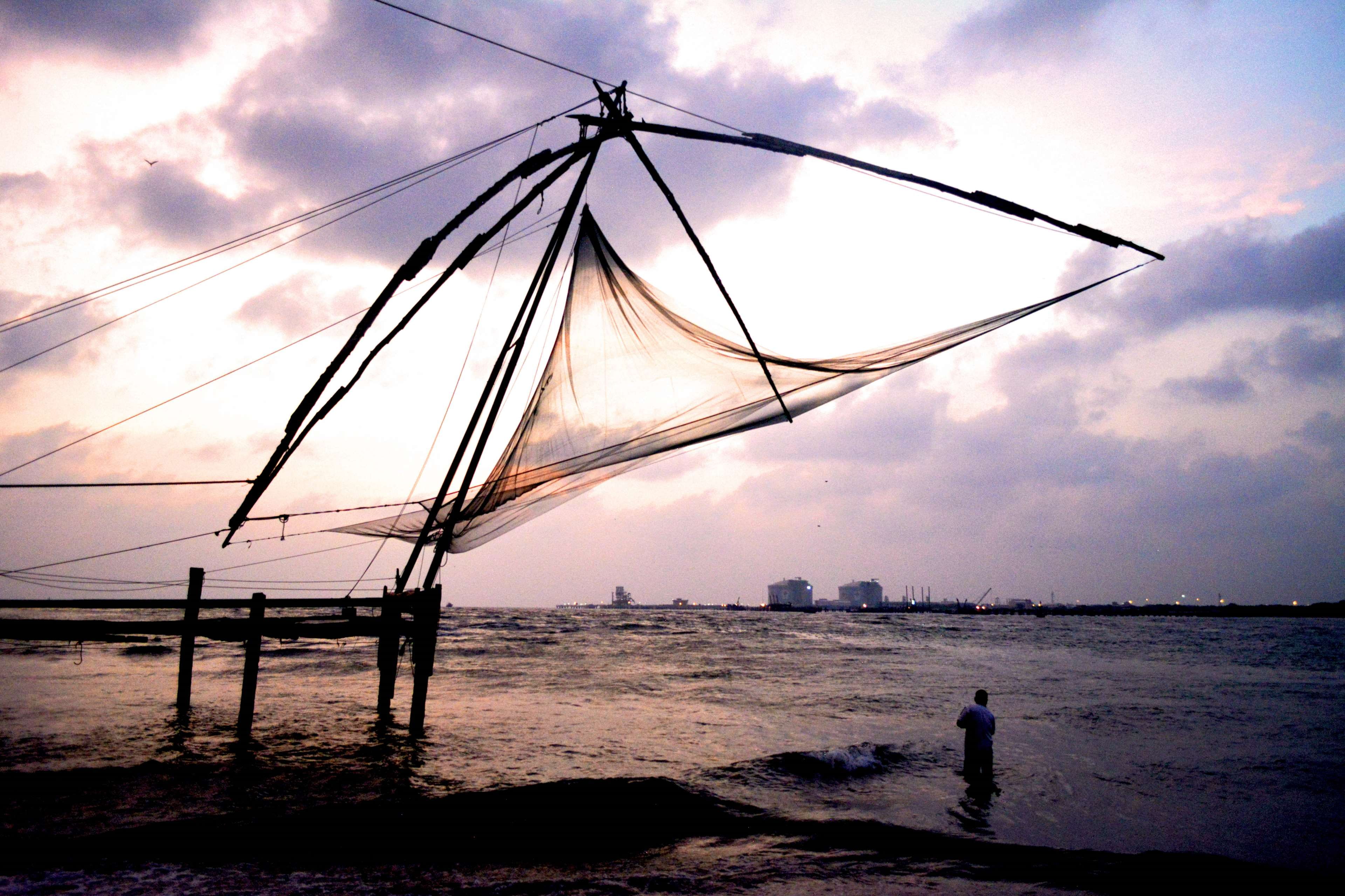 4K, silhouette, beach, fish net, nature, tranquility, sailboat, idyllic, outdoors, nautical vessel, chinese, sky, sea, scenics - nature, fishing net, fishing industry, HD Wallpaper