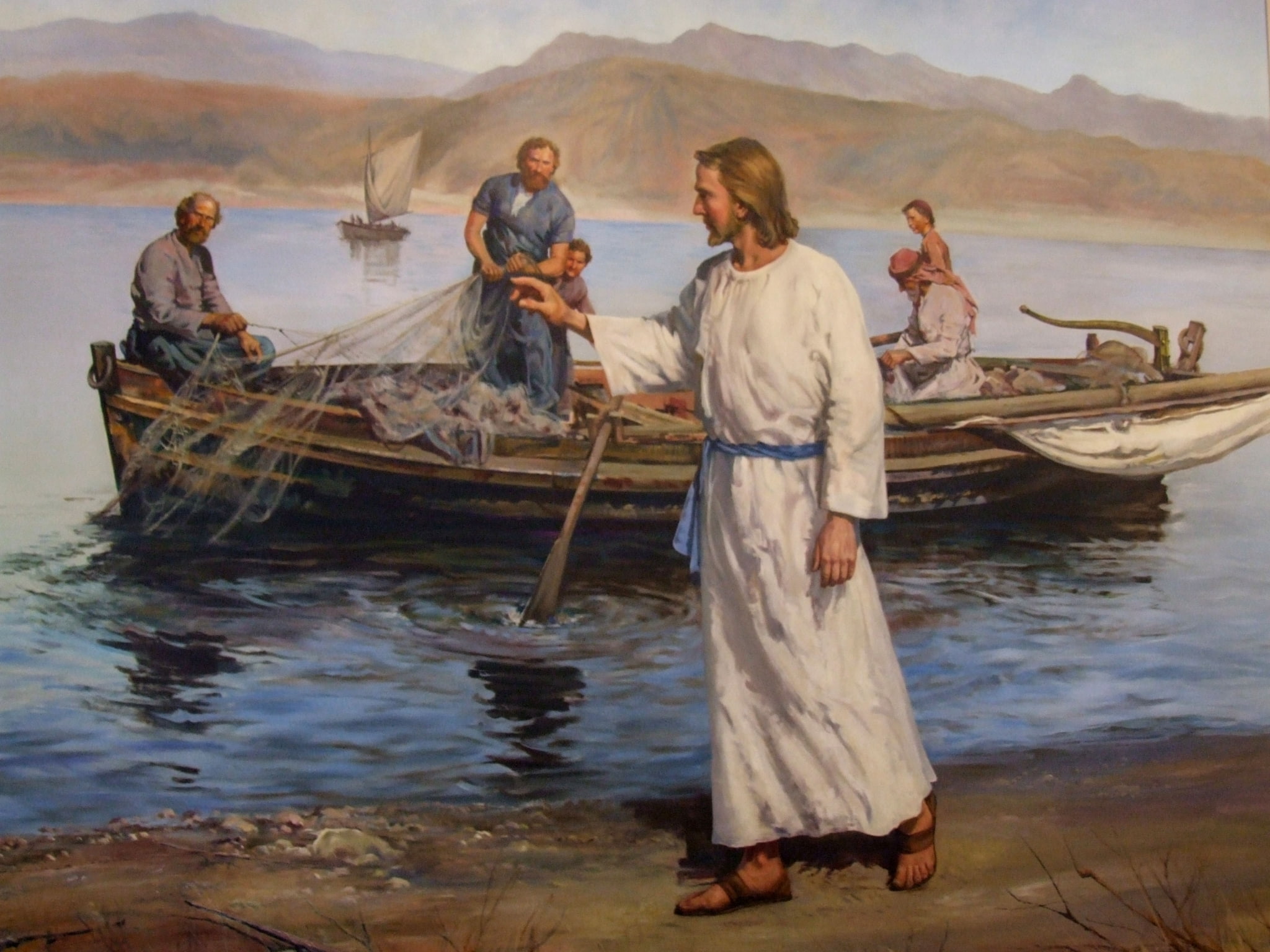 men, standing, jesus, nautical vessel, group of people, adult, water, 1080P, mode of transportation, transportation, day, fisherman, occupation, fishing industry, HD Wallpaper