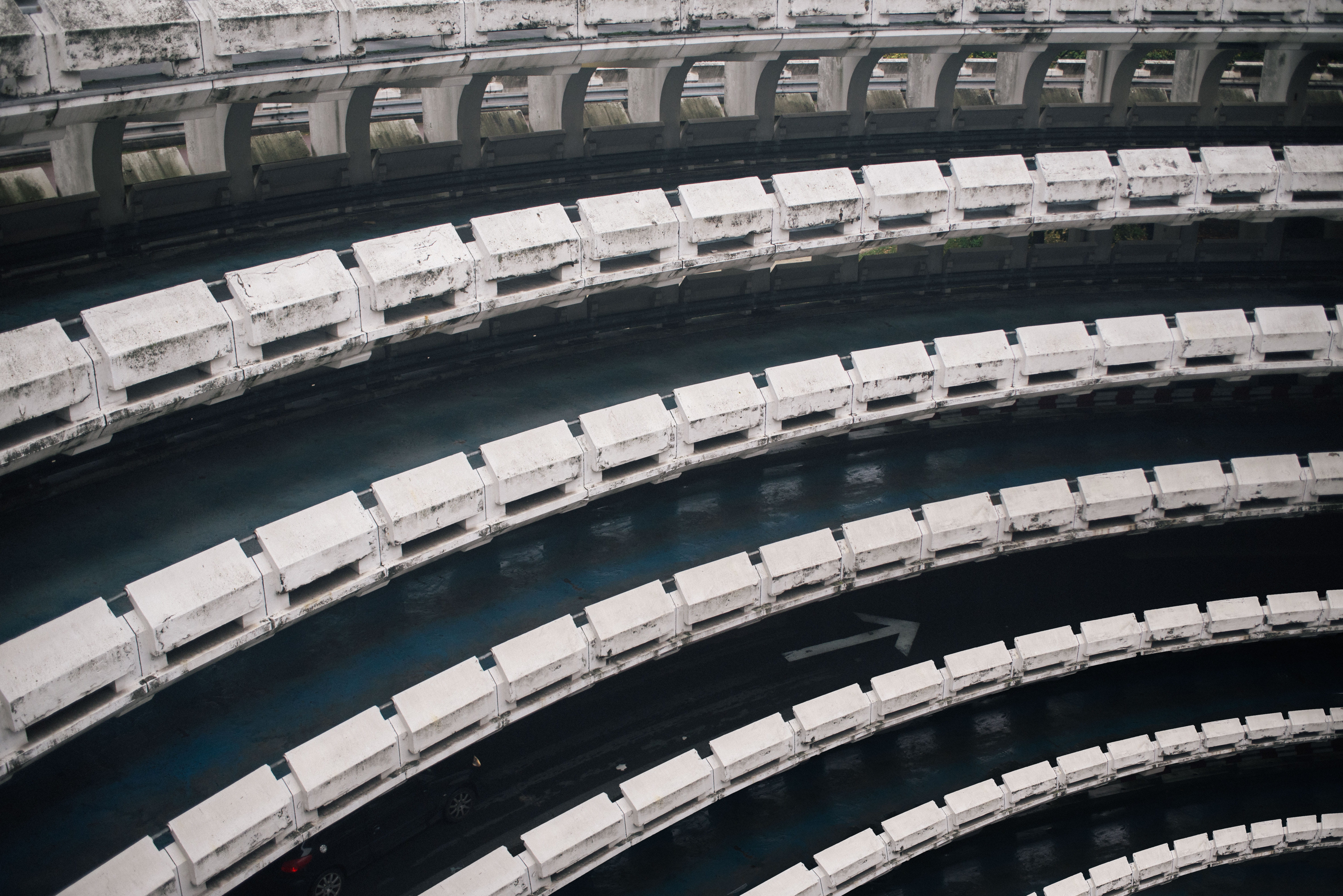 city, stadium, 5K, layers, repetition, pattern, roof, white, building, backgrounds, lot, paris, blue, day, transportation, arrow, spiral, parking, in a row, HD Wallpaper