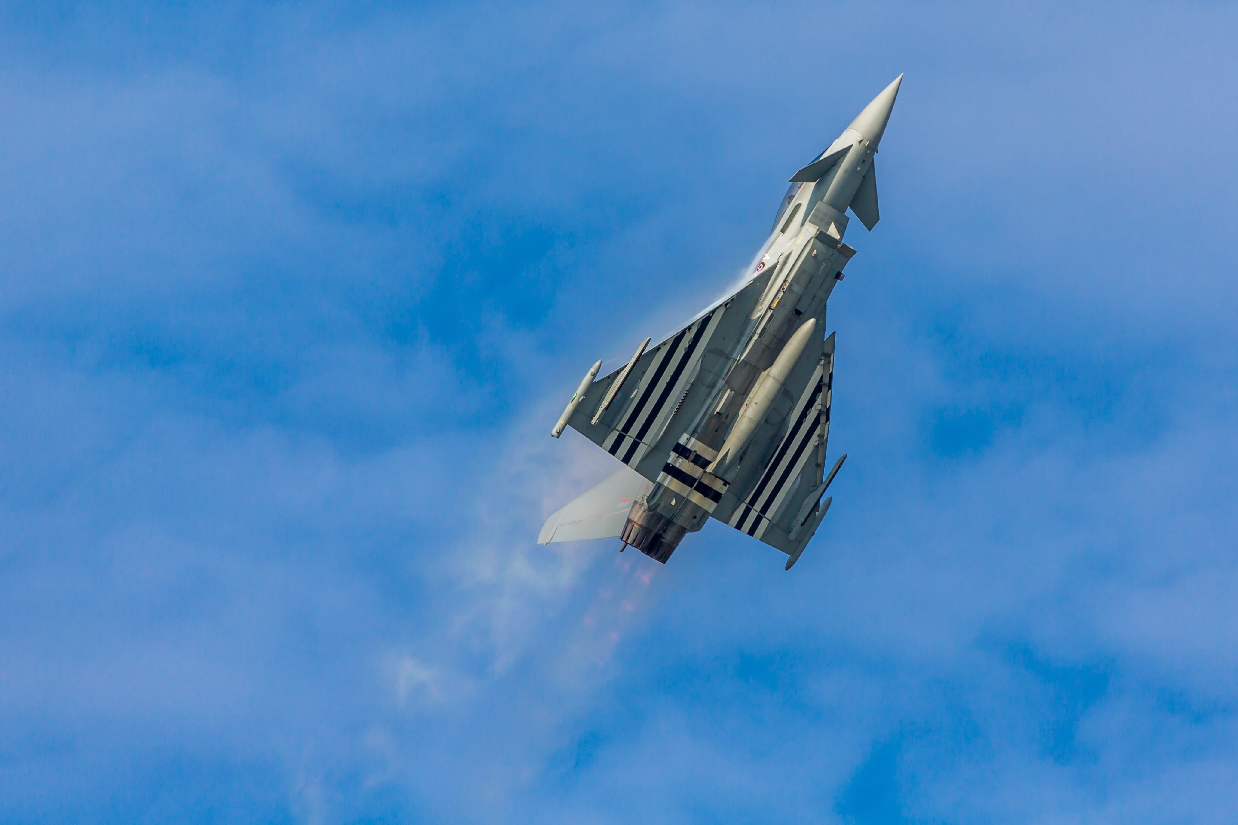 no people, mid-air, air show air14, motion, architecture, day, mode of transportation, typhoon, blue, 4K, air14, air vehicle, air show, sky, euro fighter fighter plane gmbh, HD Wallpaper
