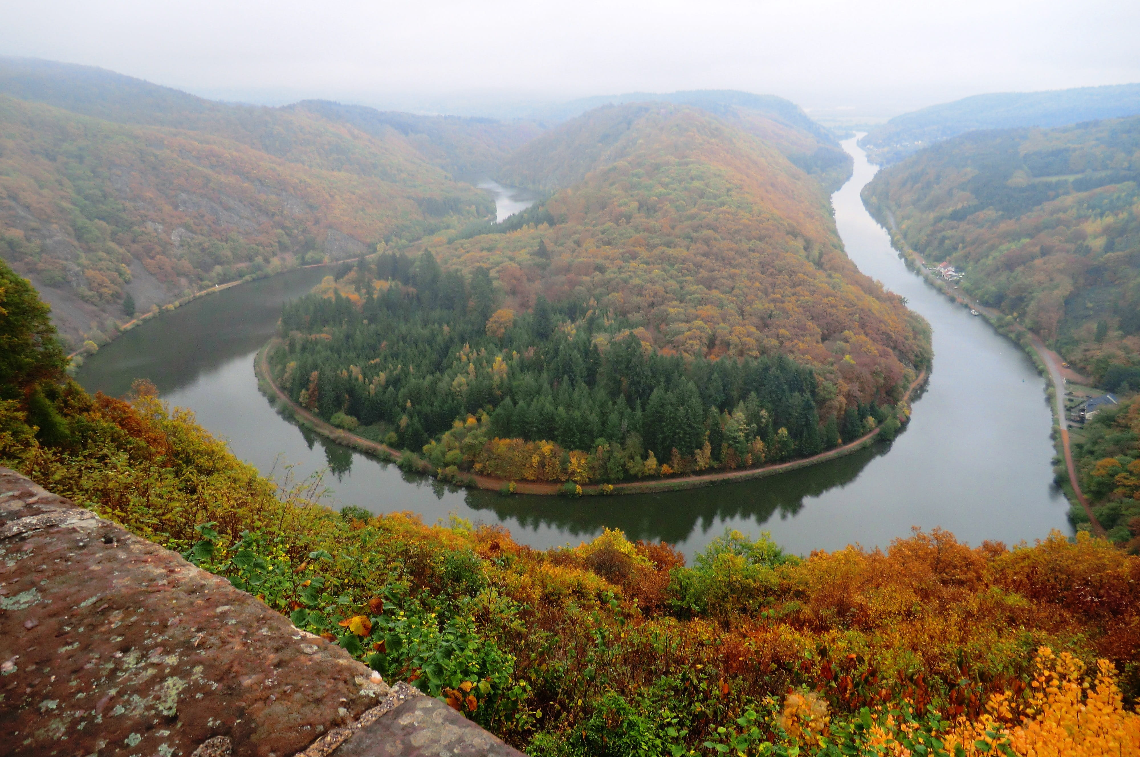 environment, 4K, holiday, nature, river, tranquility, view, change, no people, river bend, mountain, lake, mettlach, here, high angle view, water, herfstnevel, HD Wallpaper