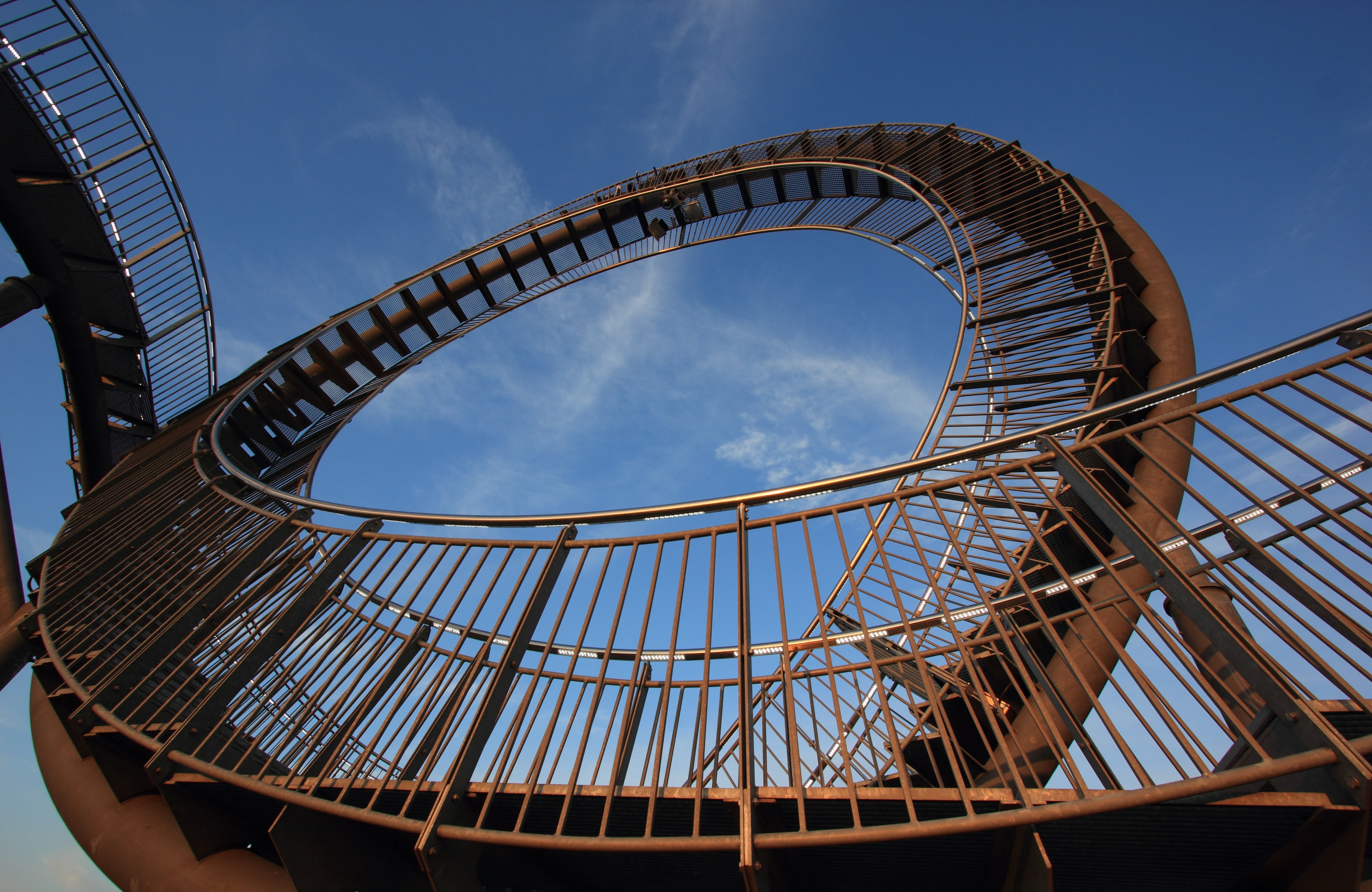metal, sky, art, amusement park ride, sunlight, 4K, day, iron - metal, low angle view, turtle, culture, spiral staircase, germany, duisburg, cloud - sky, HD Wallpaper