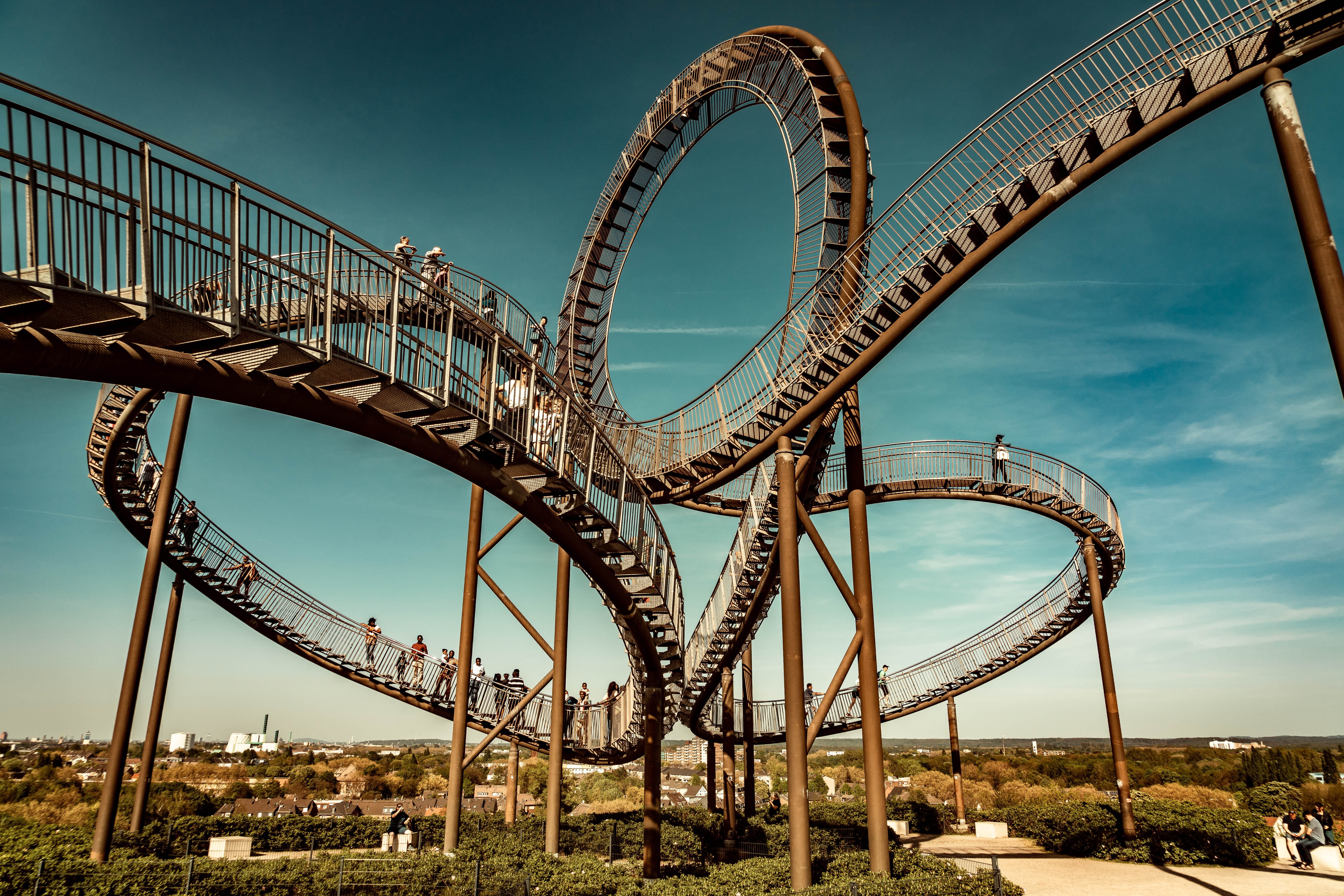 ruhr area, sky, metal, spiral, bridge, architectural column, low angle view, stairs, roller coaster, cloud - sky, tiger and turtle, plant, architecture, HD Wallpaper