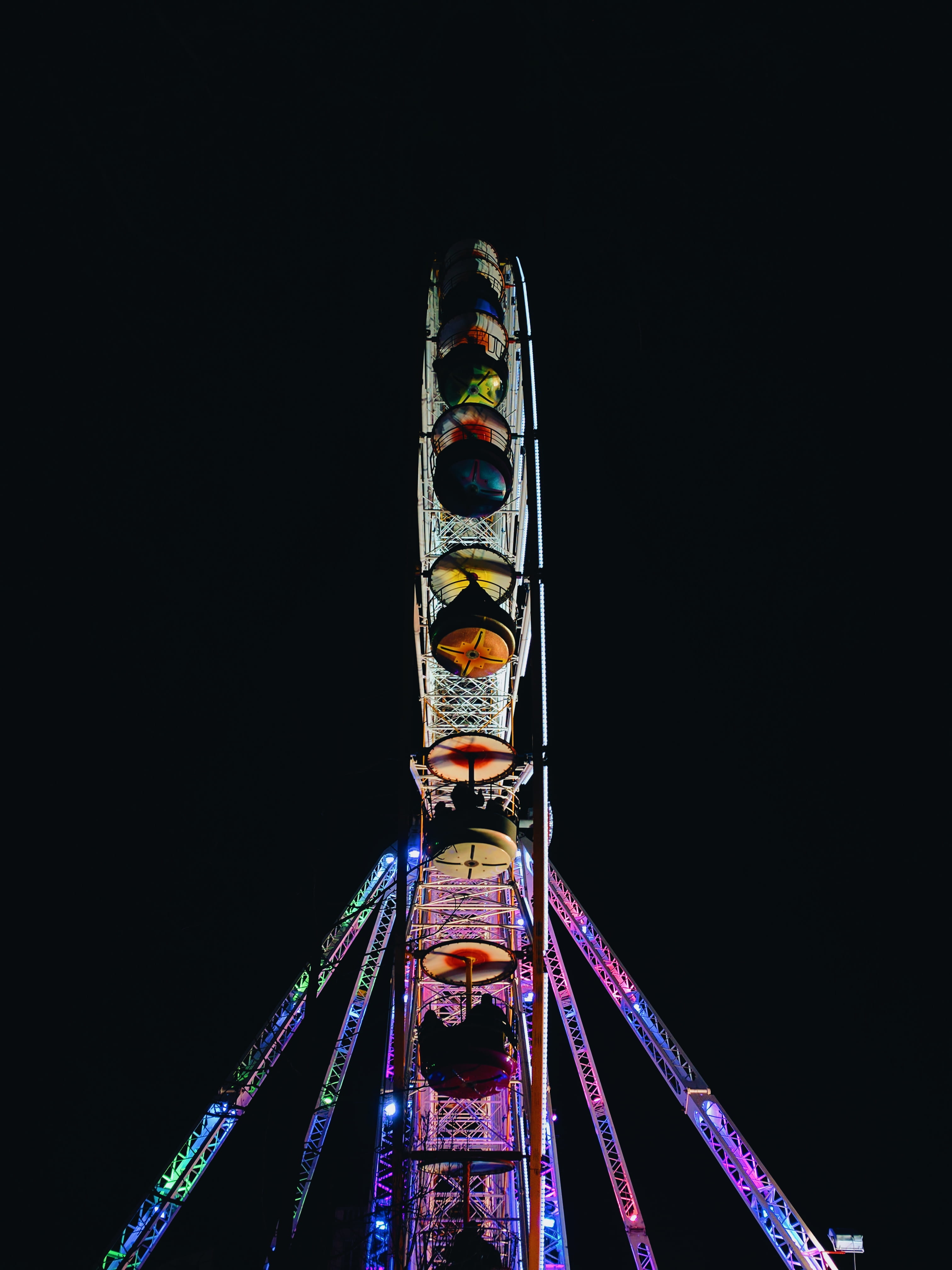 built structure, illuminated, multi colored, light, outdoors, Night, people, arts culture and entertainment, metal, 4K, big wheel, nighttime, lit, copy space, Phone HD Wallpaper