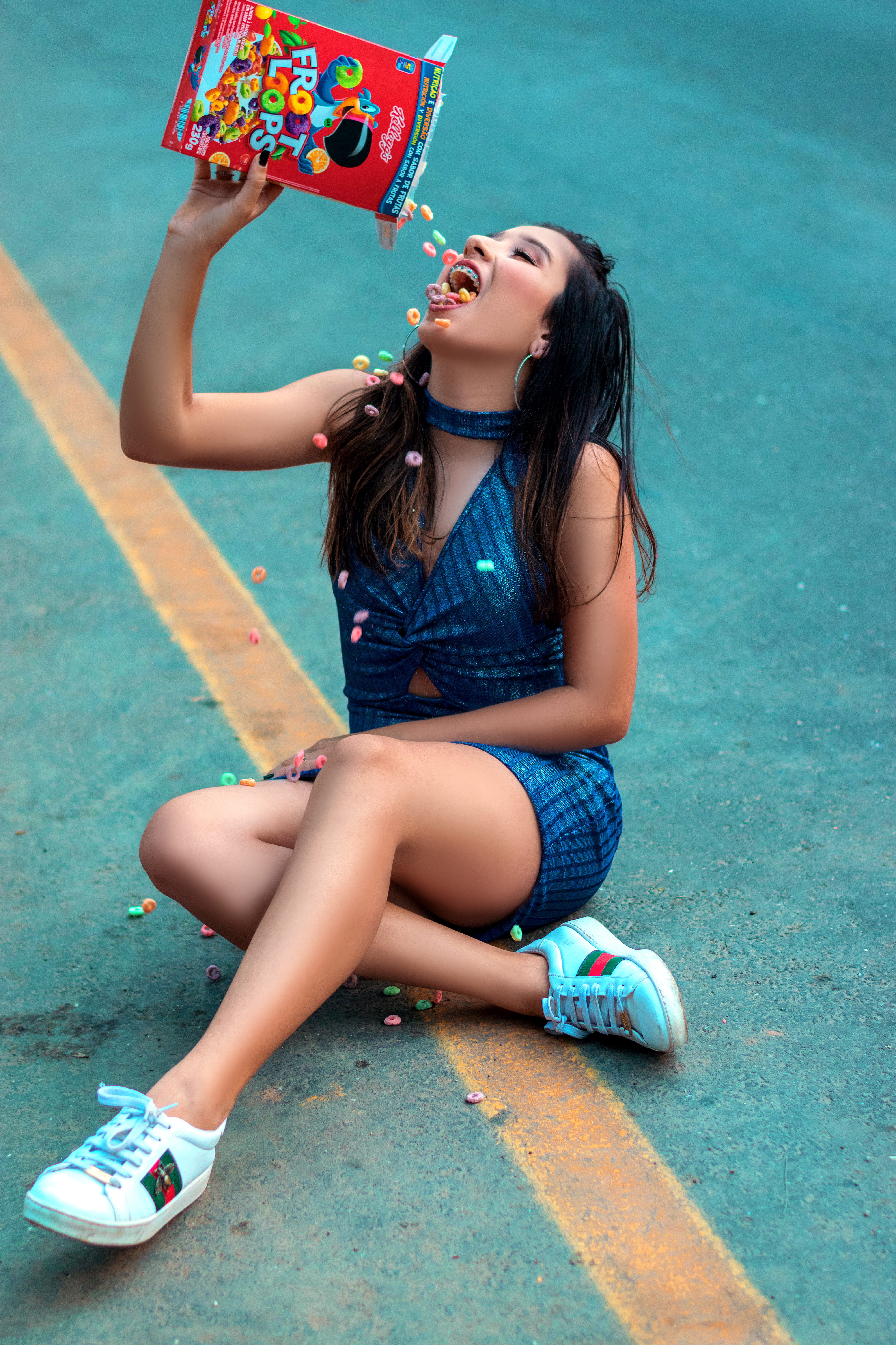 cereal, portrait, candy, sitting, fun, lifestyles, long hair, casual clothing, smiling, full length, road, woman, beauty, young adult, leisure activity, Phone HD Wallpaper
