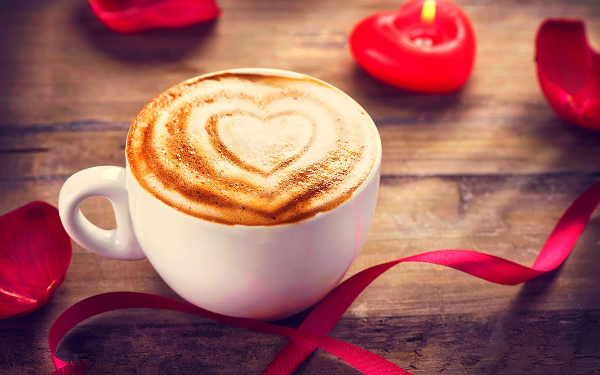 candles, wooden surface, heart, ribbon, 1080P, coffee, food, HD Wallpaper