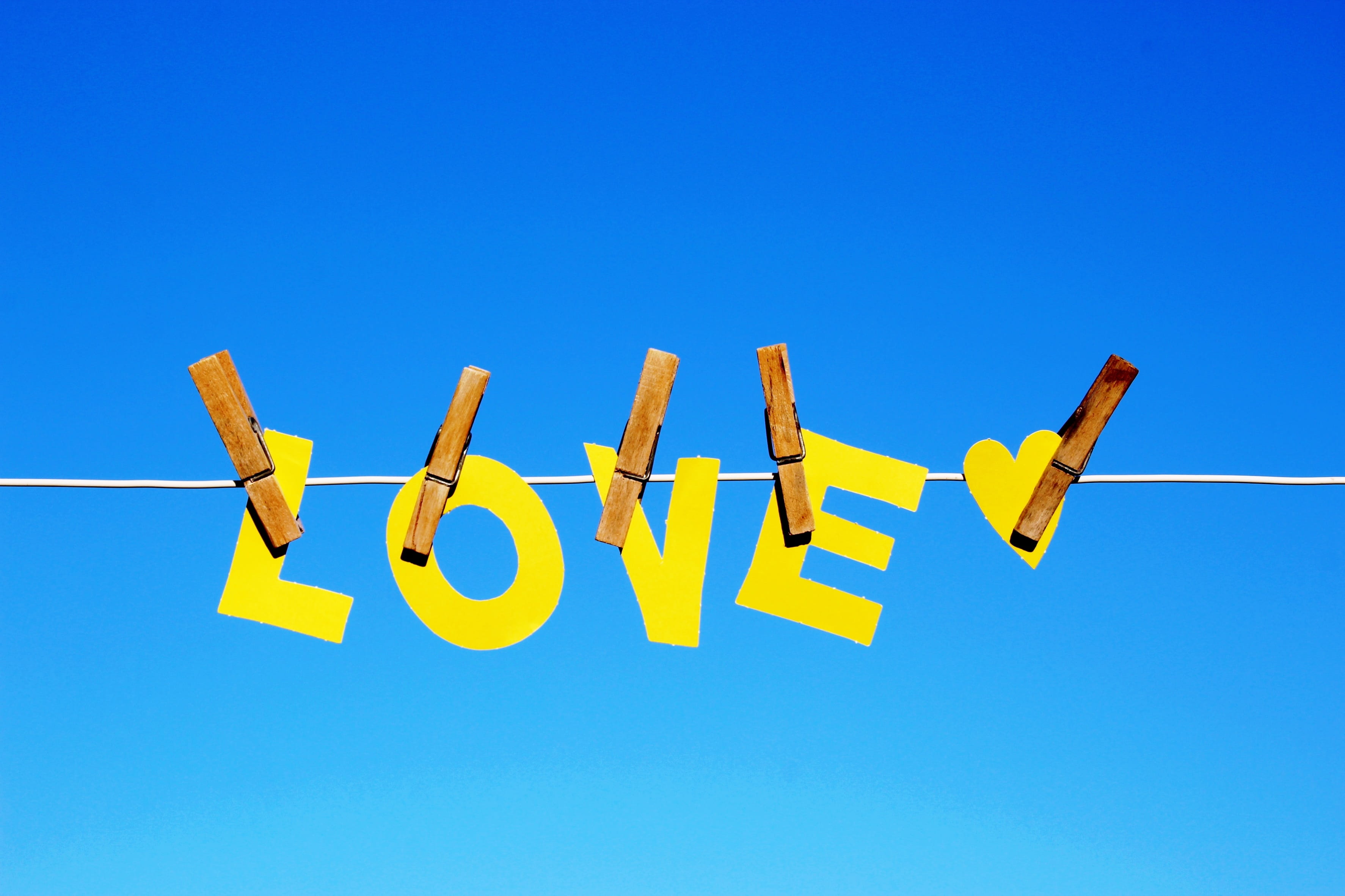 heart, marriage, sunny, low angle view, guidance, clear sky, no people, suspended, congratulations, sky, single word, wedding, 2K, blue background, outdoors, HD Wallpaper