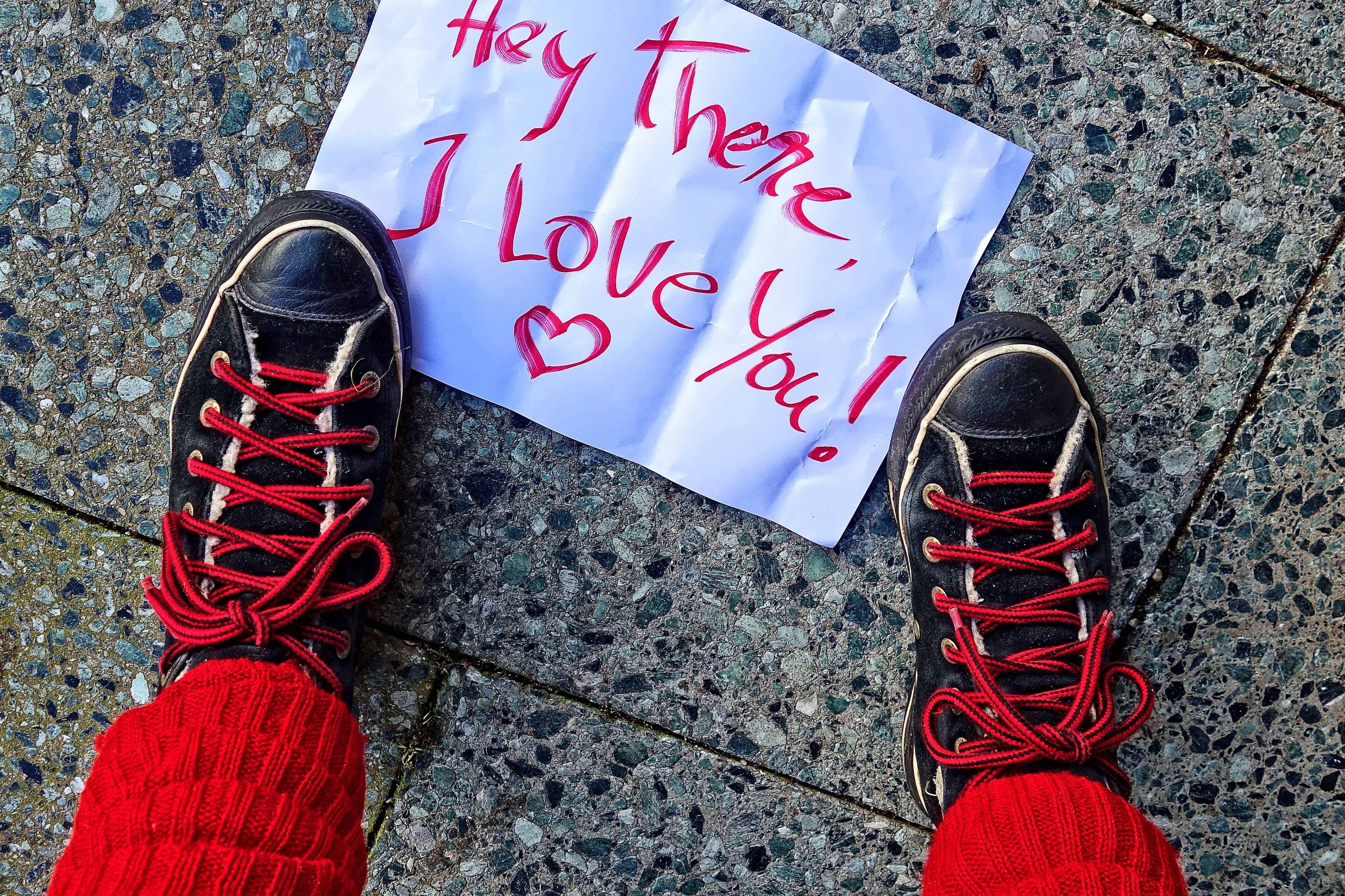 crumpled, 4K, writing, find, shoe, love, human leg, canvas shoe, paper, shoelace, high angle view, text, western script, outdoors, one person, low section, HD Wallpaper