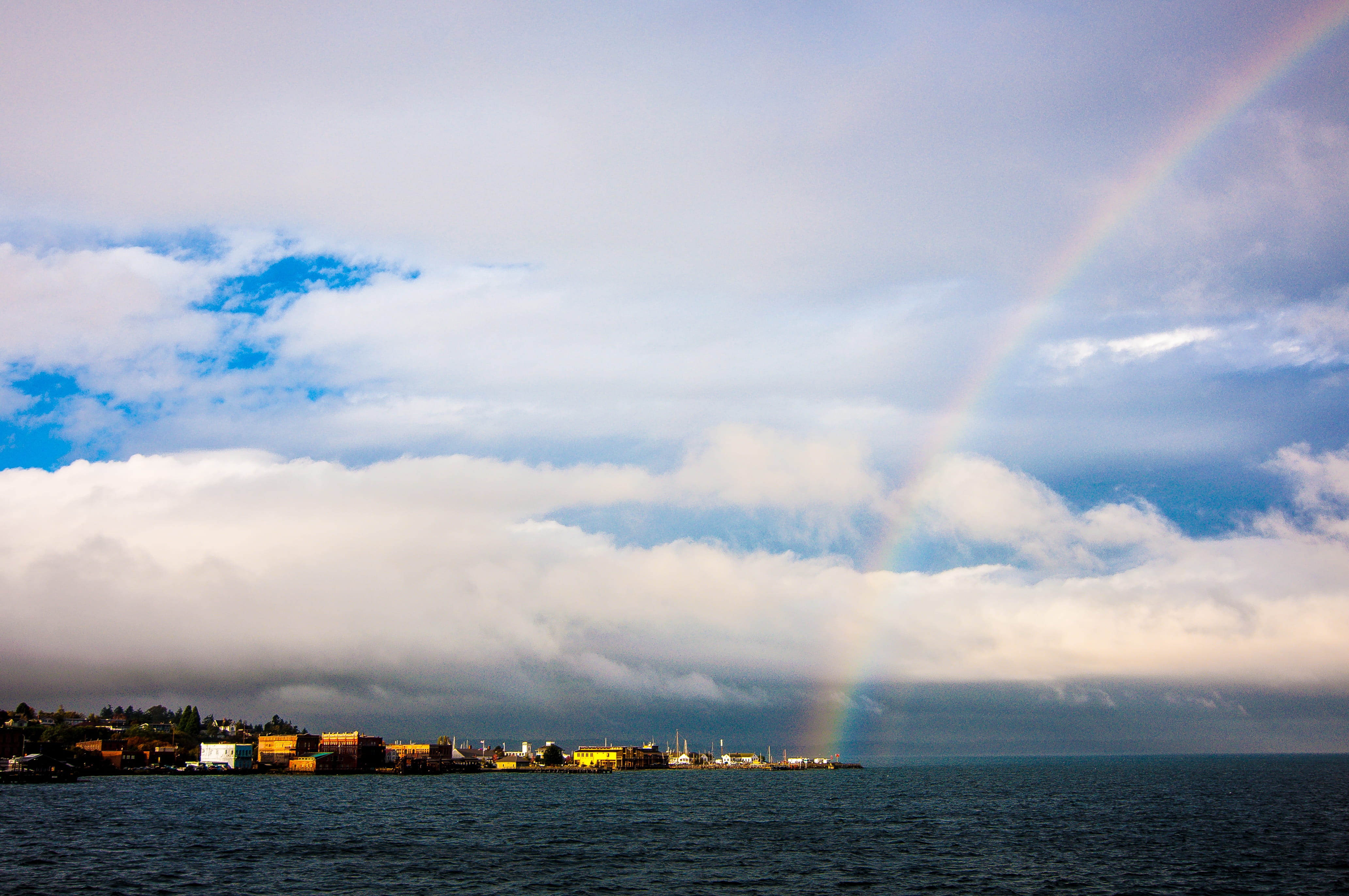 rainbow, building exterior, no people, nature, cloud - sky, sea, outdoors, beauty in nature, architecture, scenics - nature, port townsend, built structure, HD Wallpaper