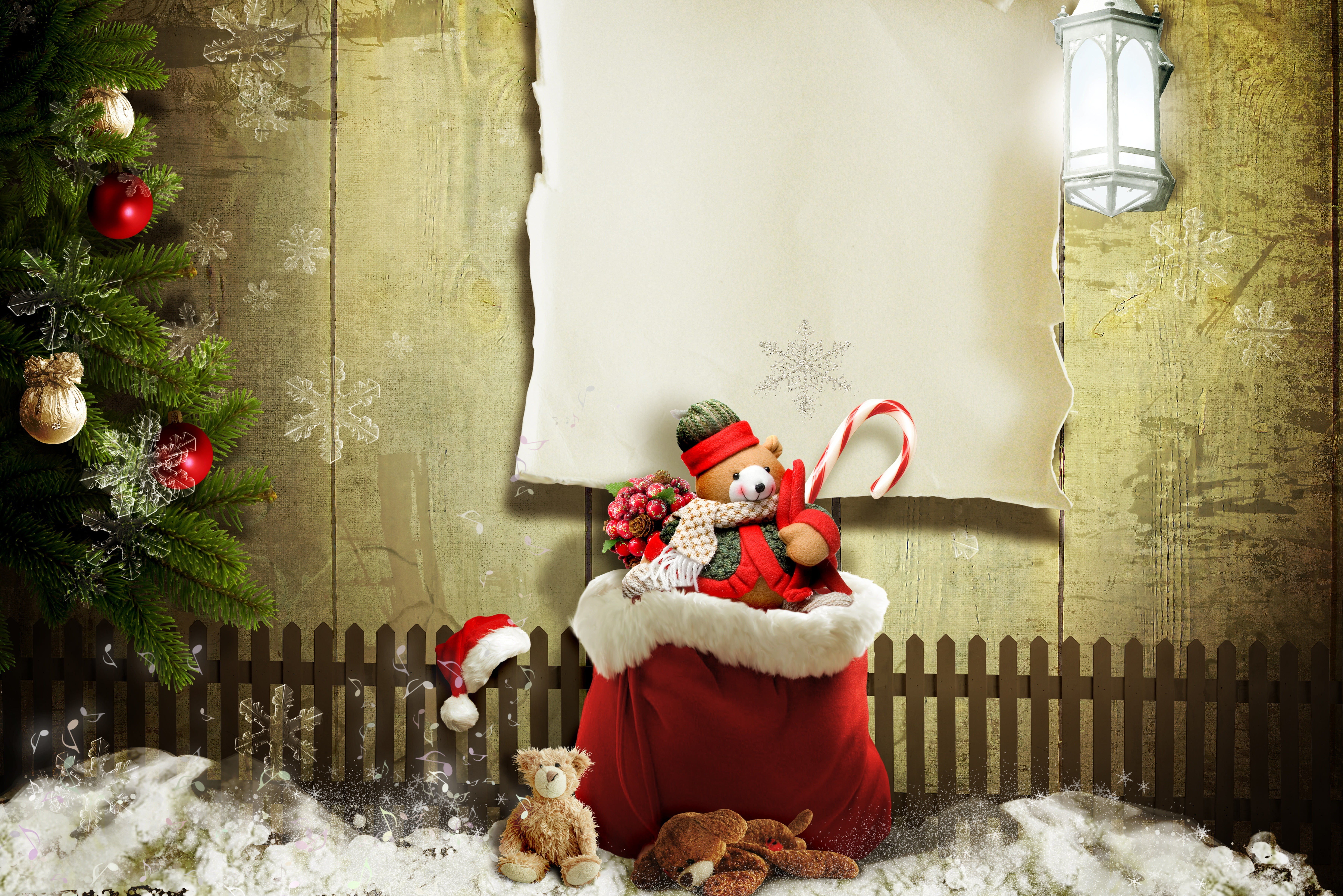 christmas decoration, lantern, plant, red, holiday, bag, christmas ornament, 5K, the fence, hat, christmas, santa claus, tree, celebration event, Teddy bear, HD Wallpaper