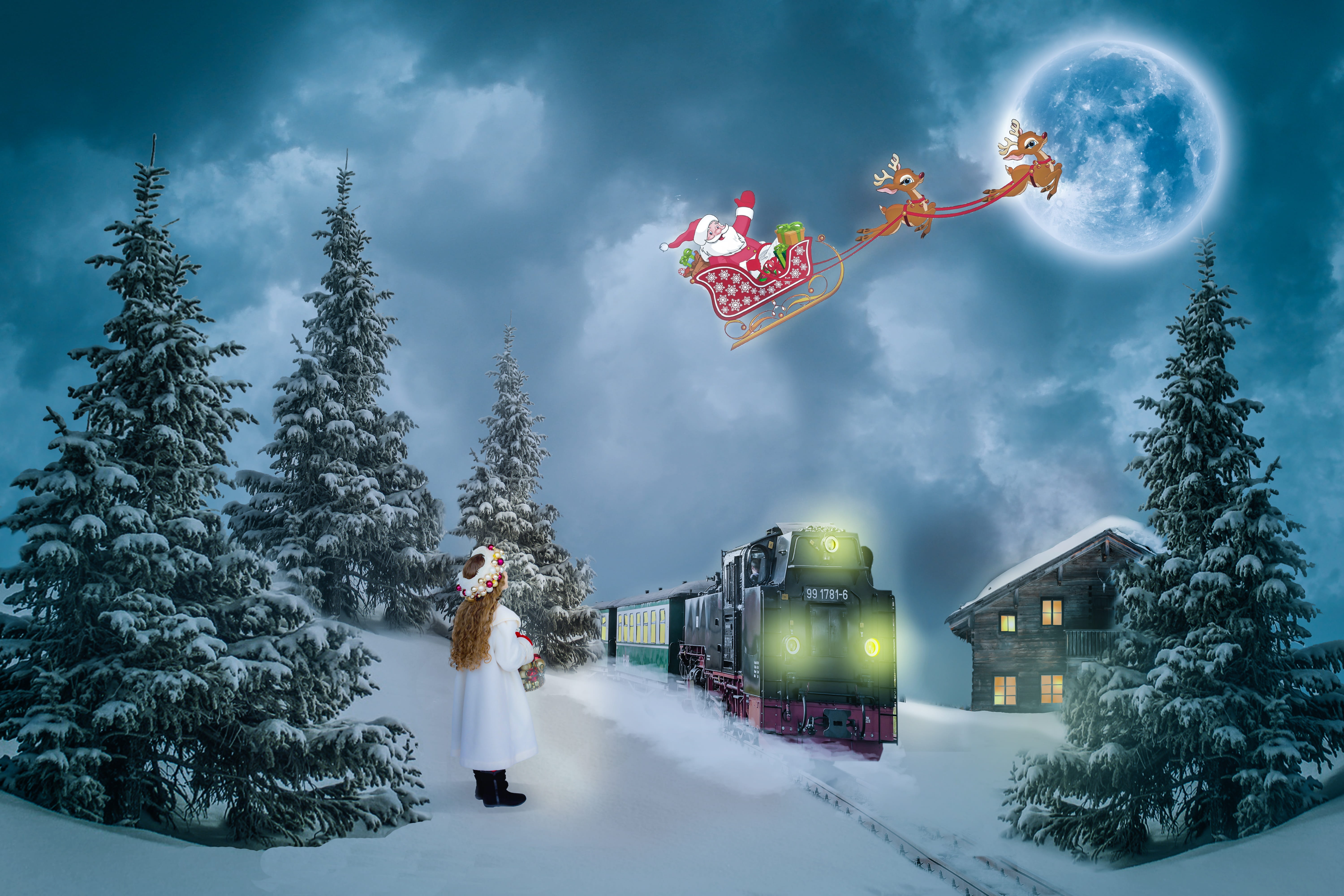 winter, holiday, home, children think, composing, 5K, moon, christmas, locomotive, waiting for christmas, believe on santa claus, reindeer, christmas motif, HD Wallpaper
