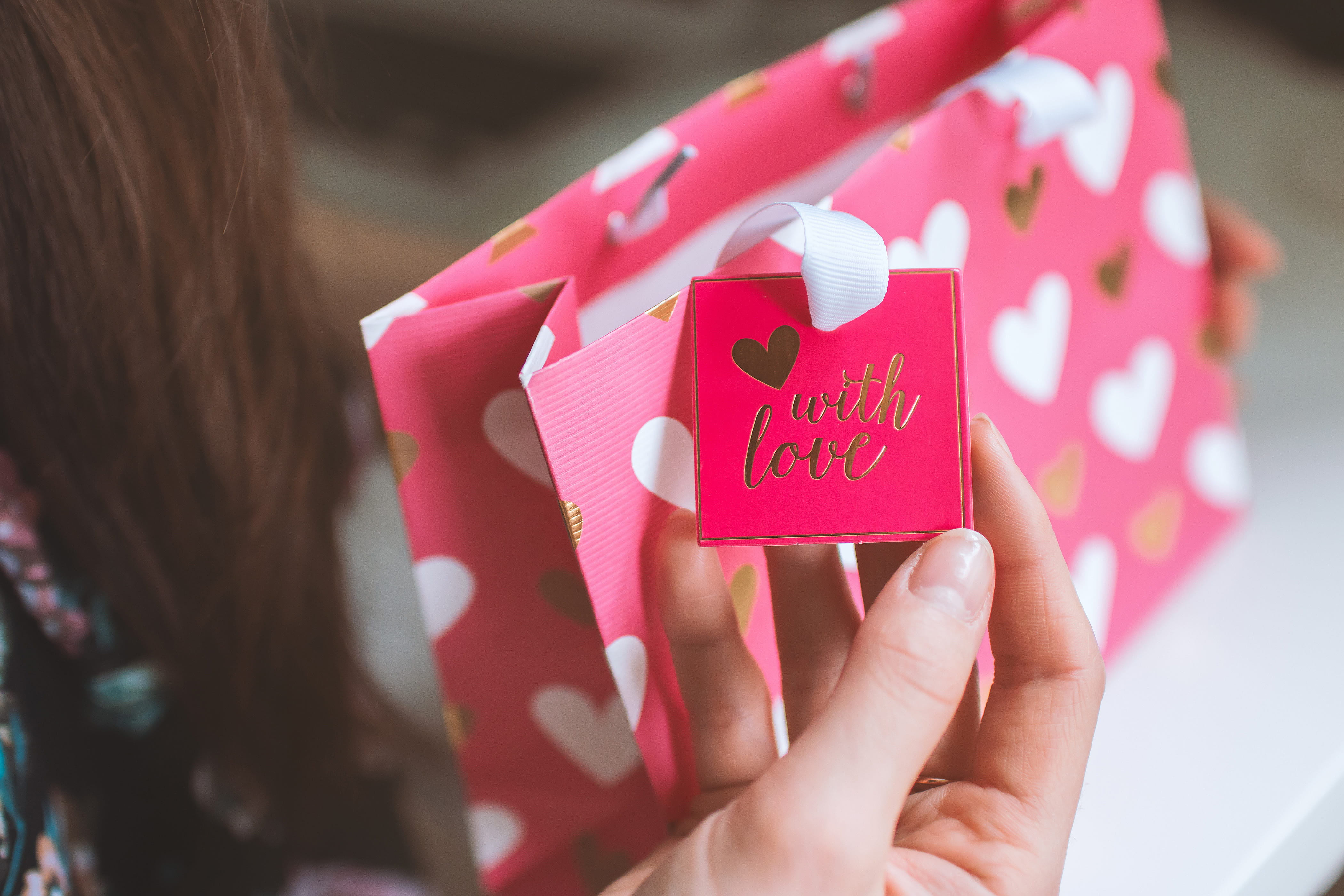 valentines day - holiday, greeting card, positive emotion, pink, pink color, love, valentine, woman, red, gift, received, adult, close-up, day, women, human hand, HD Wallpaper