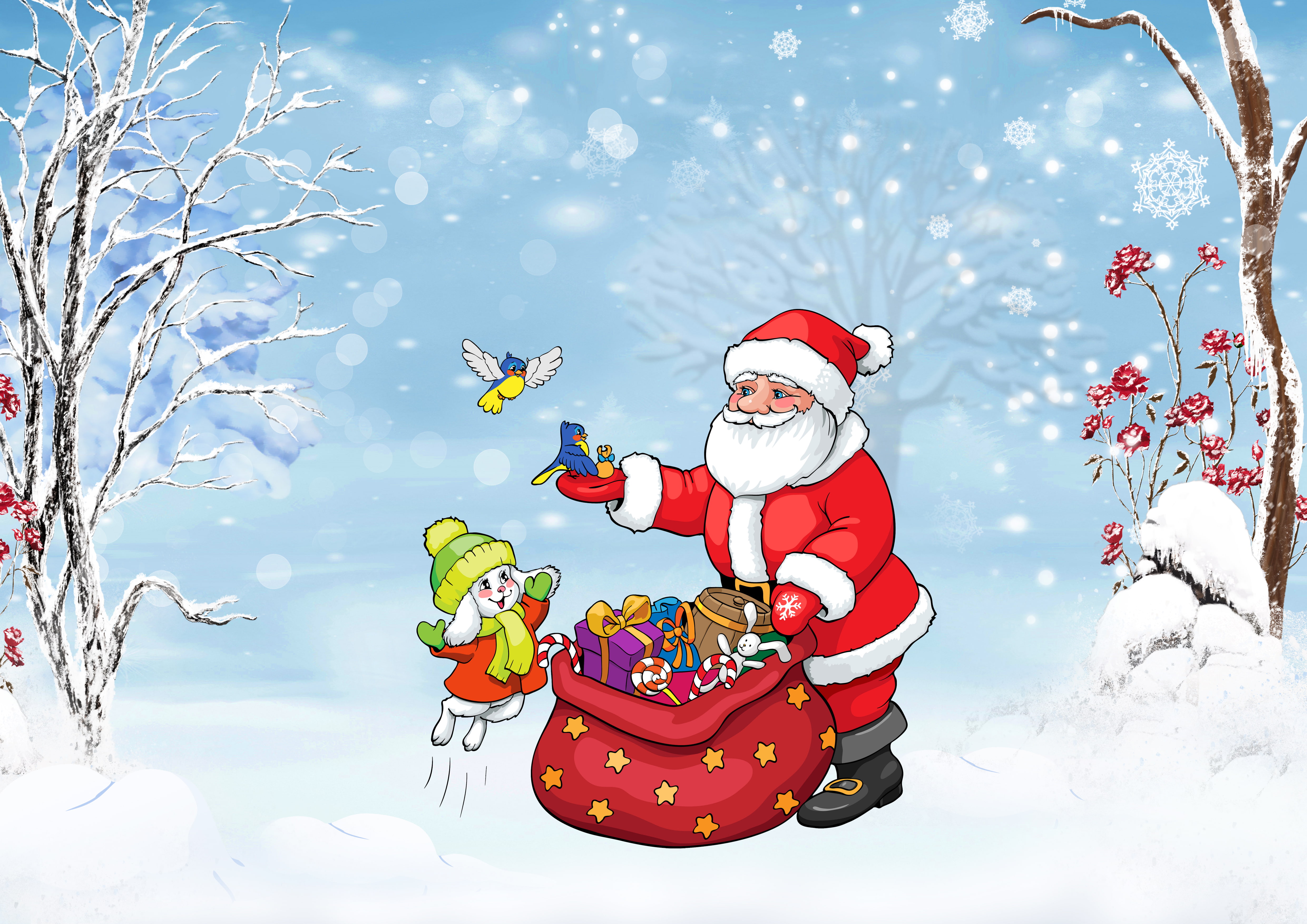 cute, 4K, figure, fir Tree, animal themes, warm clothing, cartoon, white, year, snowflakes, gifts, children, humor, trees, clothing, illustration, december, HD Wallpaper