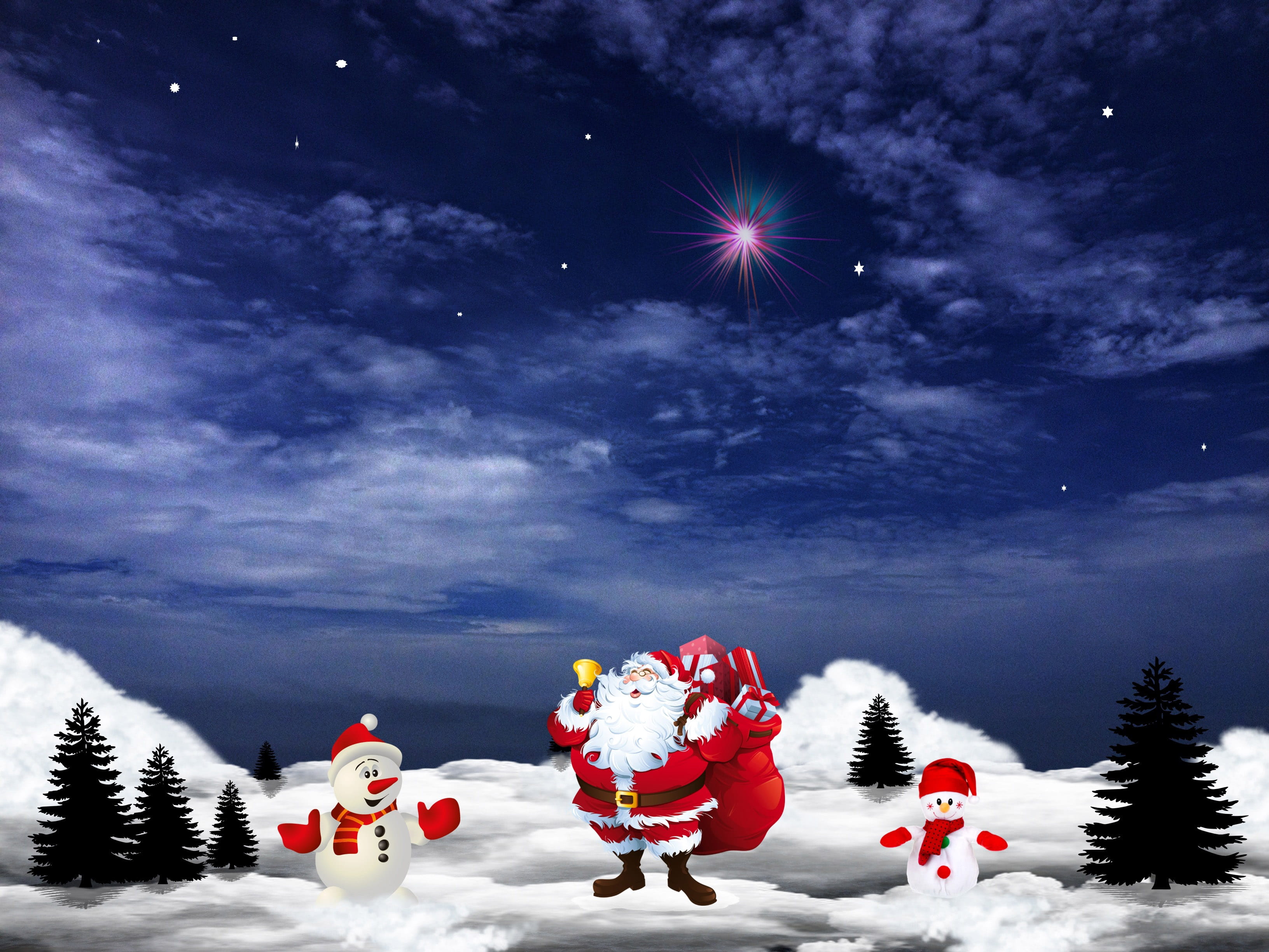 animal representation, celebration, creativity, cloud - sky, public domain, christmas, eve, Christmas Eve, decoration, photos, snowmen, sky, claus, santa, HD Wallpaper