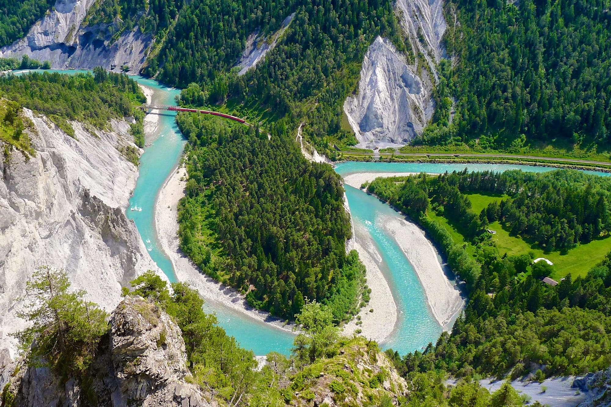 narrow gauge railway, graubünden, train, Gorge, Rhine, turquoise, flowing water, deep, no people, Gorge, looped, green Color, Alpine, beauty in nature, HD Wallpaper