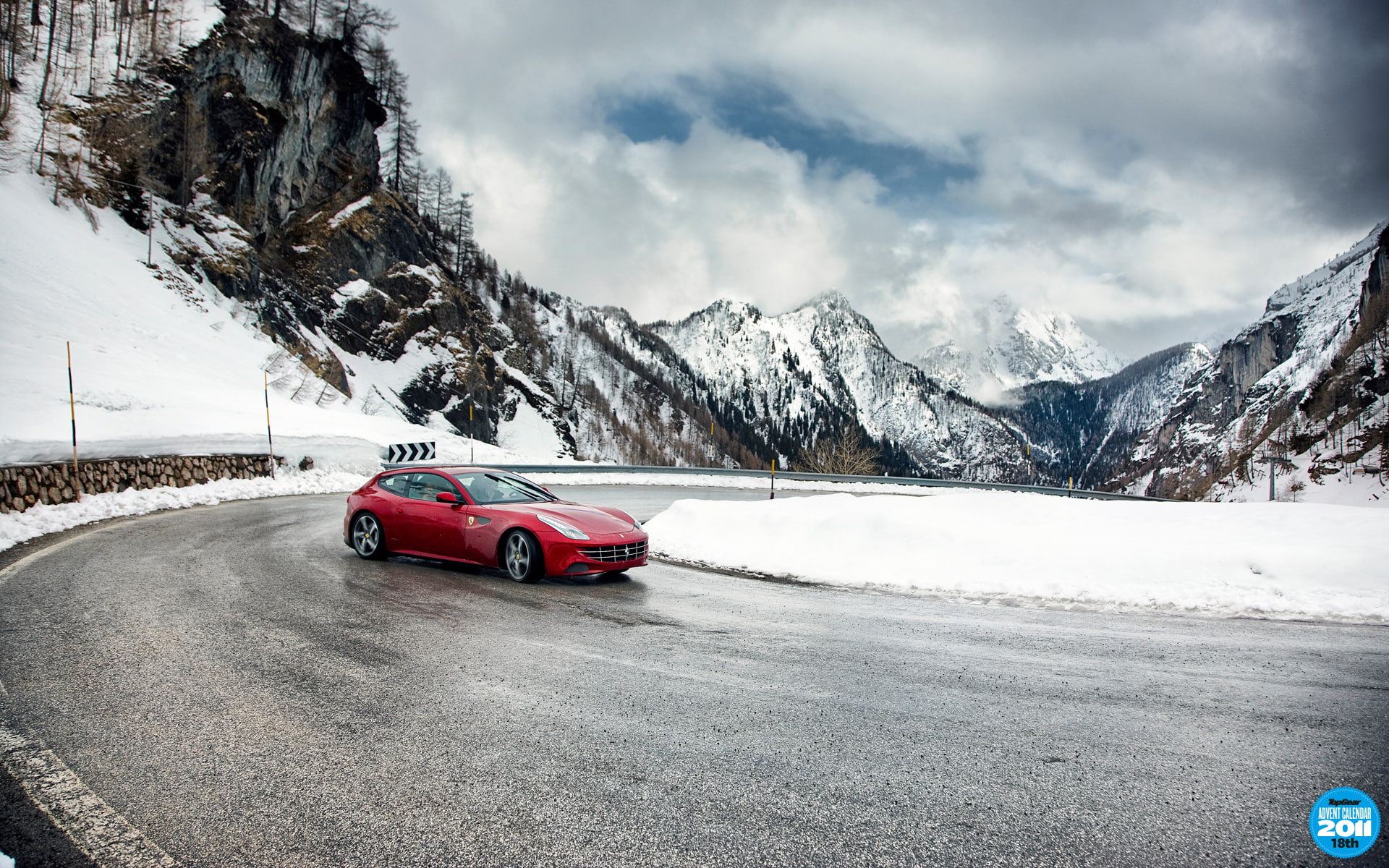 skid, turn, motion, snow, cloud - sky, supercar, the front, cold temperature, snowcapped mountain, the sky, 18th, winter, advent calendar, Ferrari, non-urban scene, HD Wallpaper