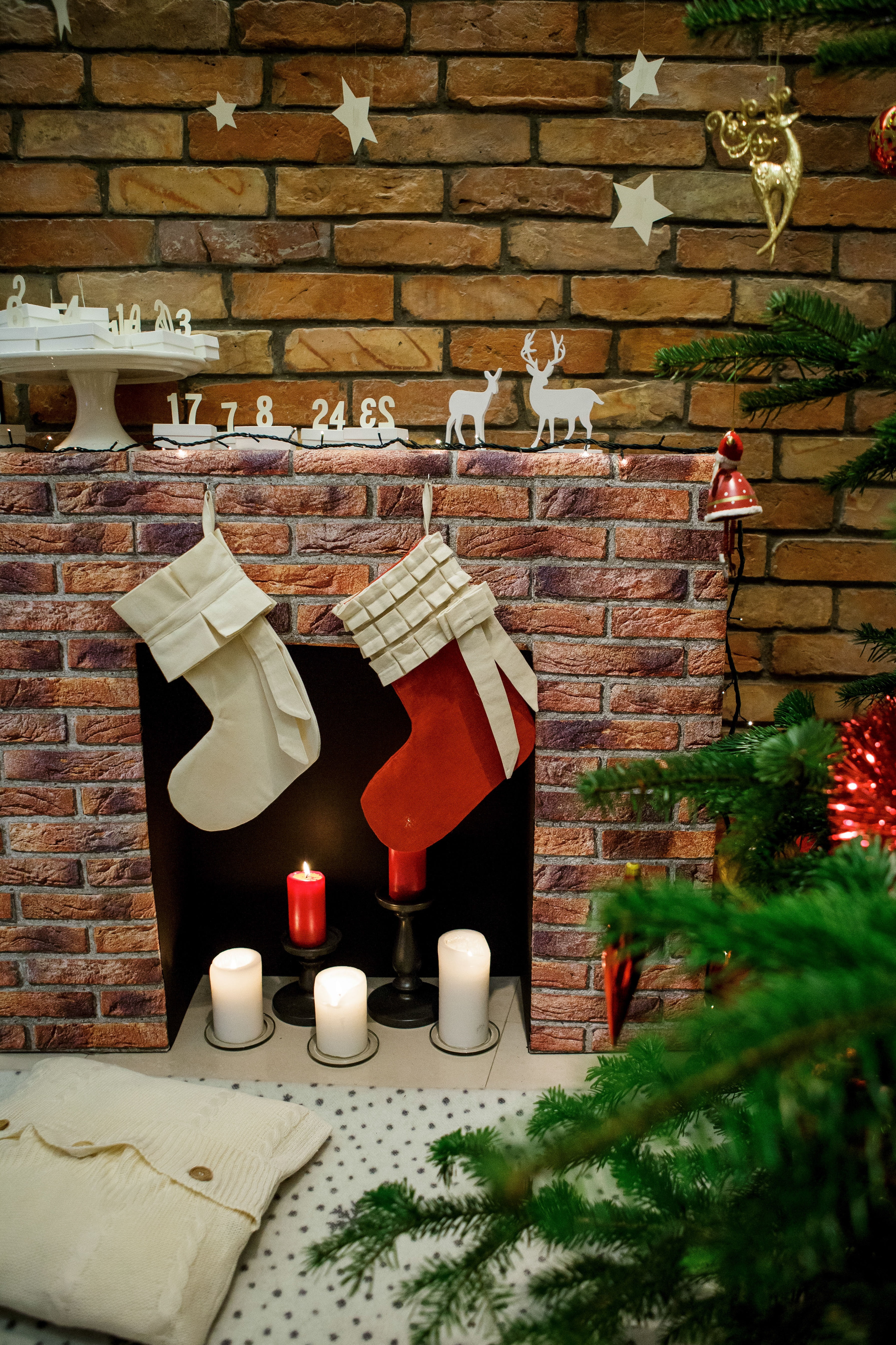 potted plant, brick wall, two, celebration, brick, 5K, christmas, indoors, wall - building feature, christmas Decoration, holiday, stockings, day, winter, Phone HD Wallpaper