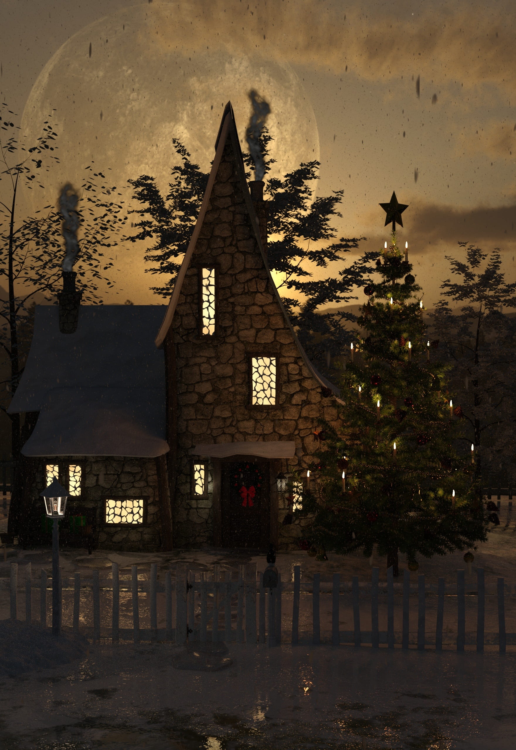painted, water, no people, black, advent, nature, christmas motif, building exterior, winter, outdoors, night, puddle, home, 2K, atmosphere, christmas time, Phone HD Wallpaper