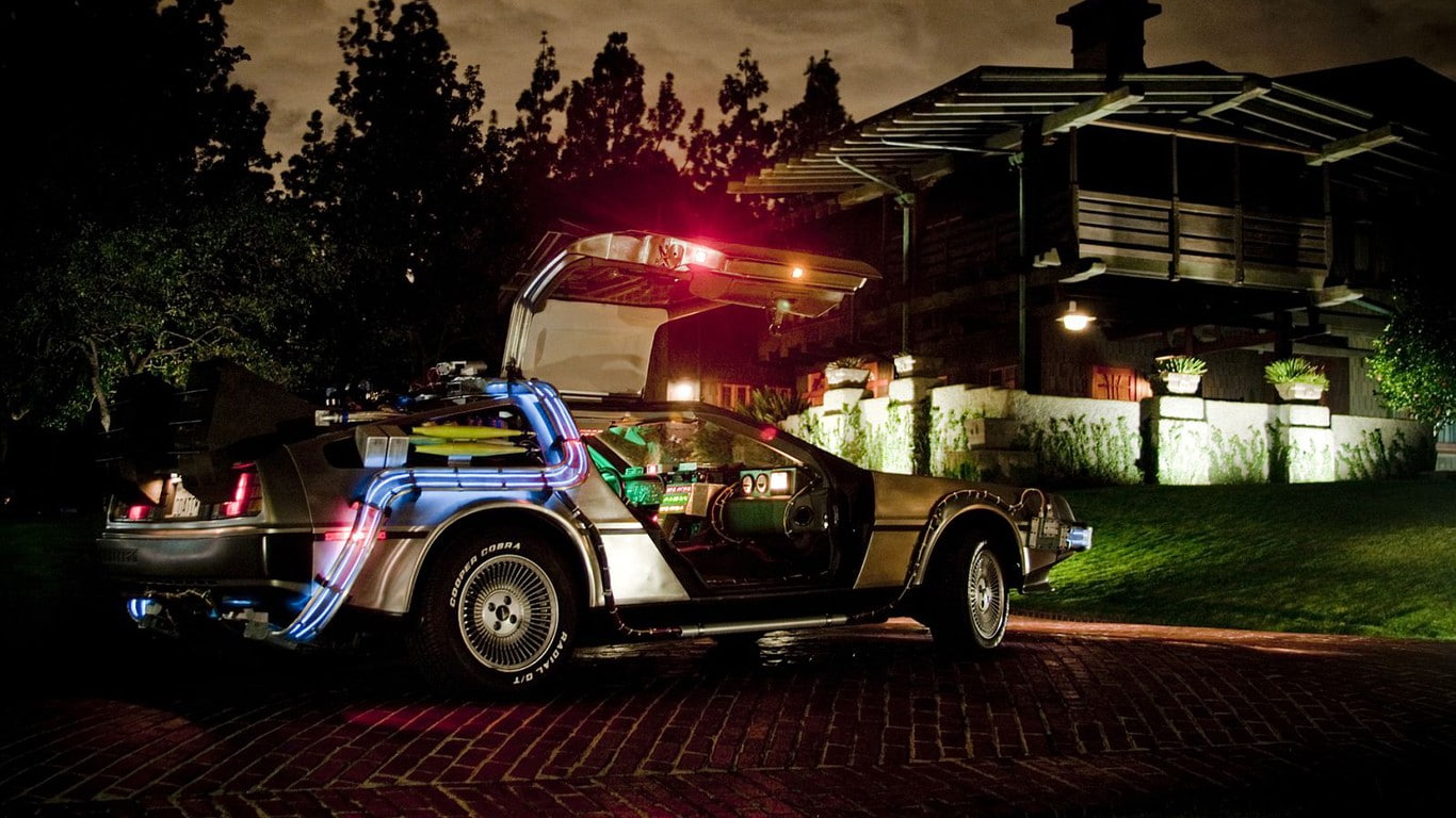 built structure, vehicle, motion, land vehicle, illuminated, night, incidental people, architecture, city, 720P, building, tree, transportation, DeLorean, HD Wallpaper