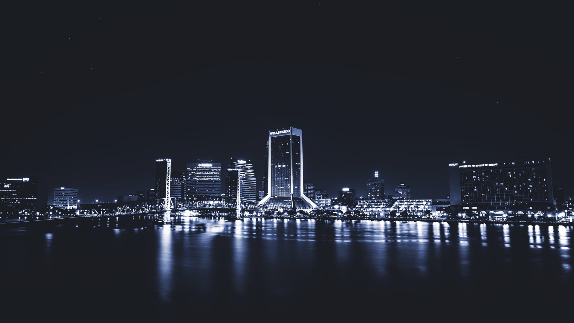 famous Place, river, sea, office building exterior, city, architecture, Jacksonville, tower, building, outdoors, dark, blue, building Exterior, skyscraper, HD Wallpaper