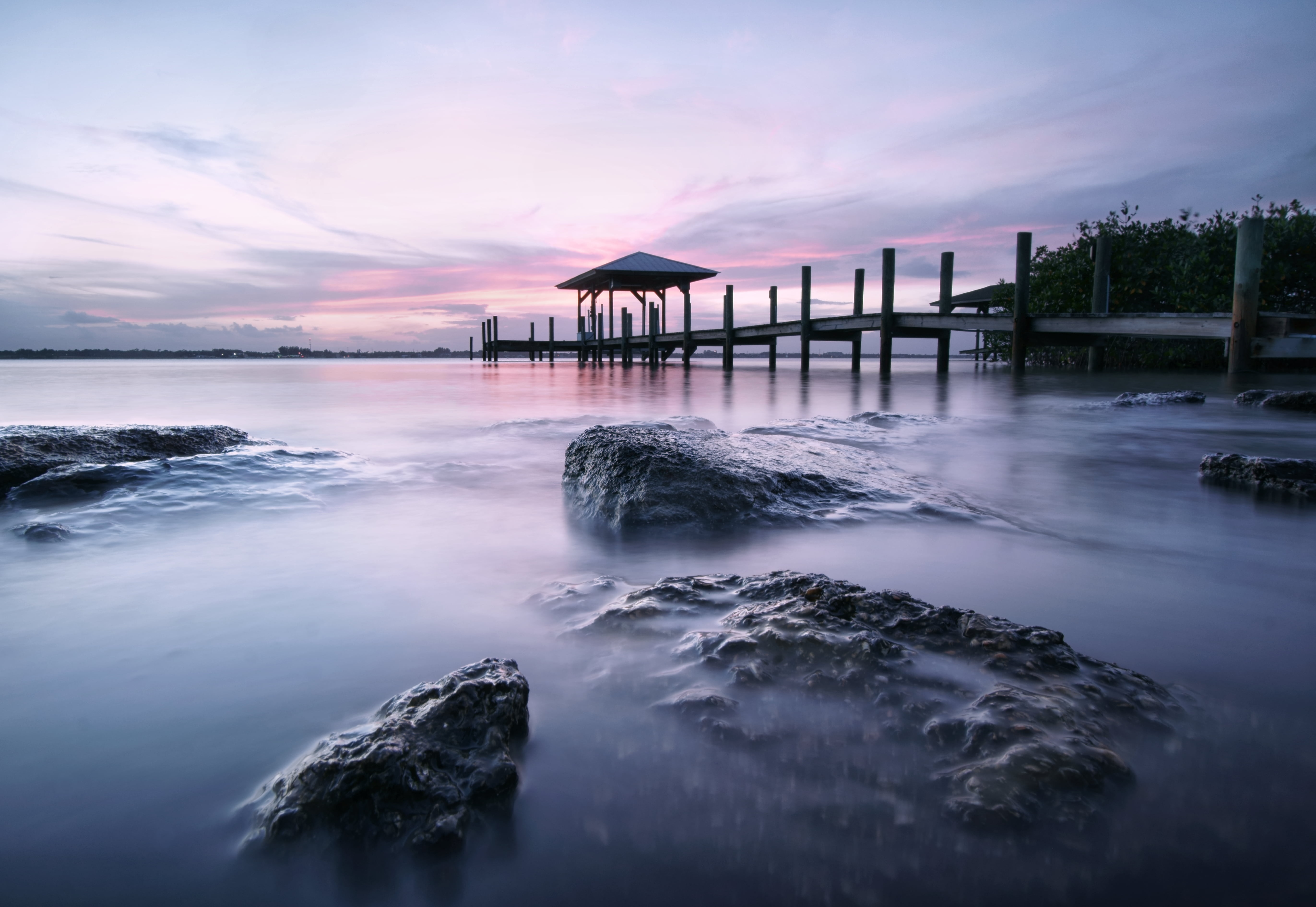sunset, a6300, pier, reflection, bridge, indian  river  lagoon, merritt  island, space  coast, 5K, intracoastal  waterway, boat  house, seashore, gazebo, HD Wallpaper