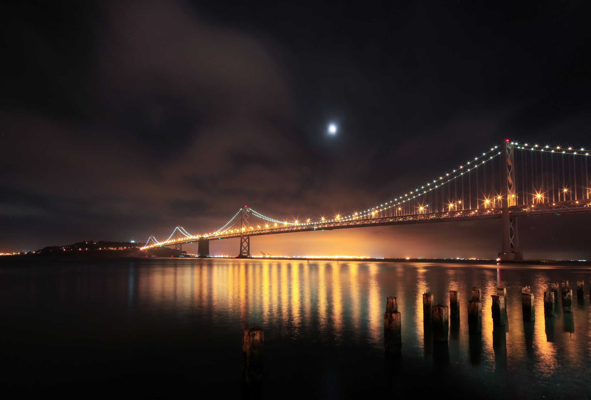 bridge - man made structure, travel destinations, night, 1080P, river, sky, bay, piles, connection, suspension bridge, illuminated, nature, water, reflection, HD Wallpaper