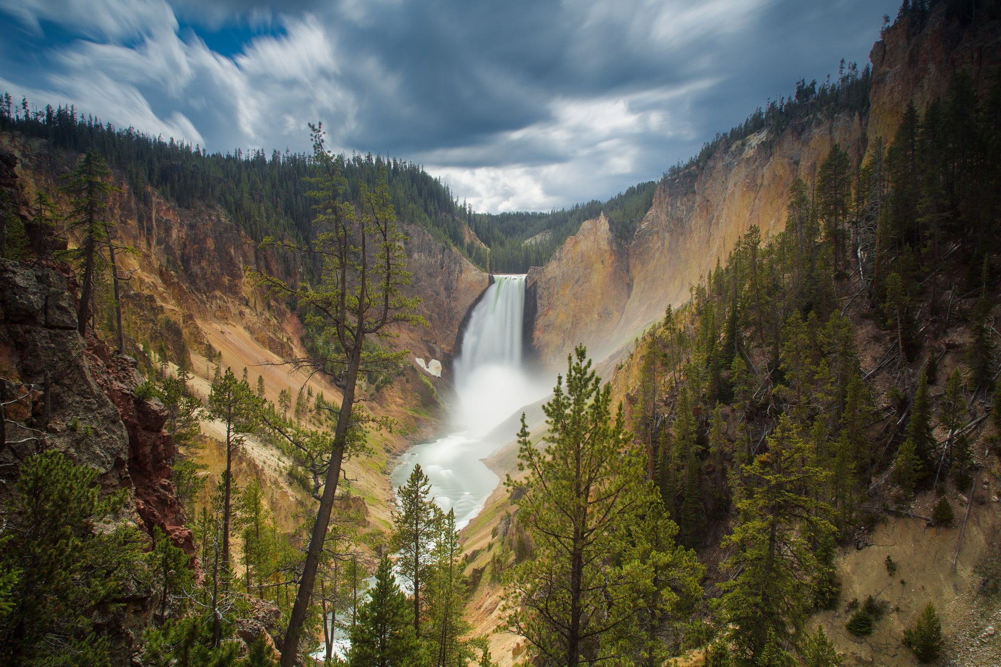 waterfall, forest, yellowstone national park, 1080P, rock, Lower Falls, Wyoming, USА, Canyon Junction, HD Wallpaper