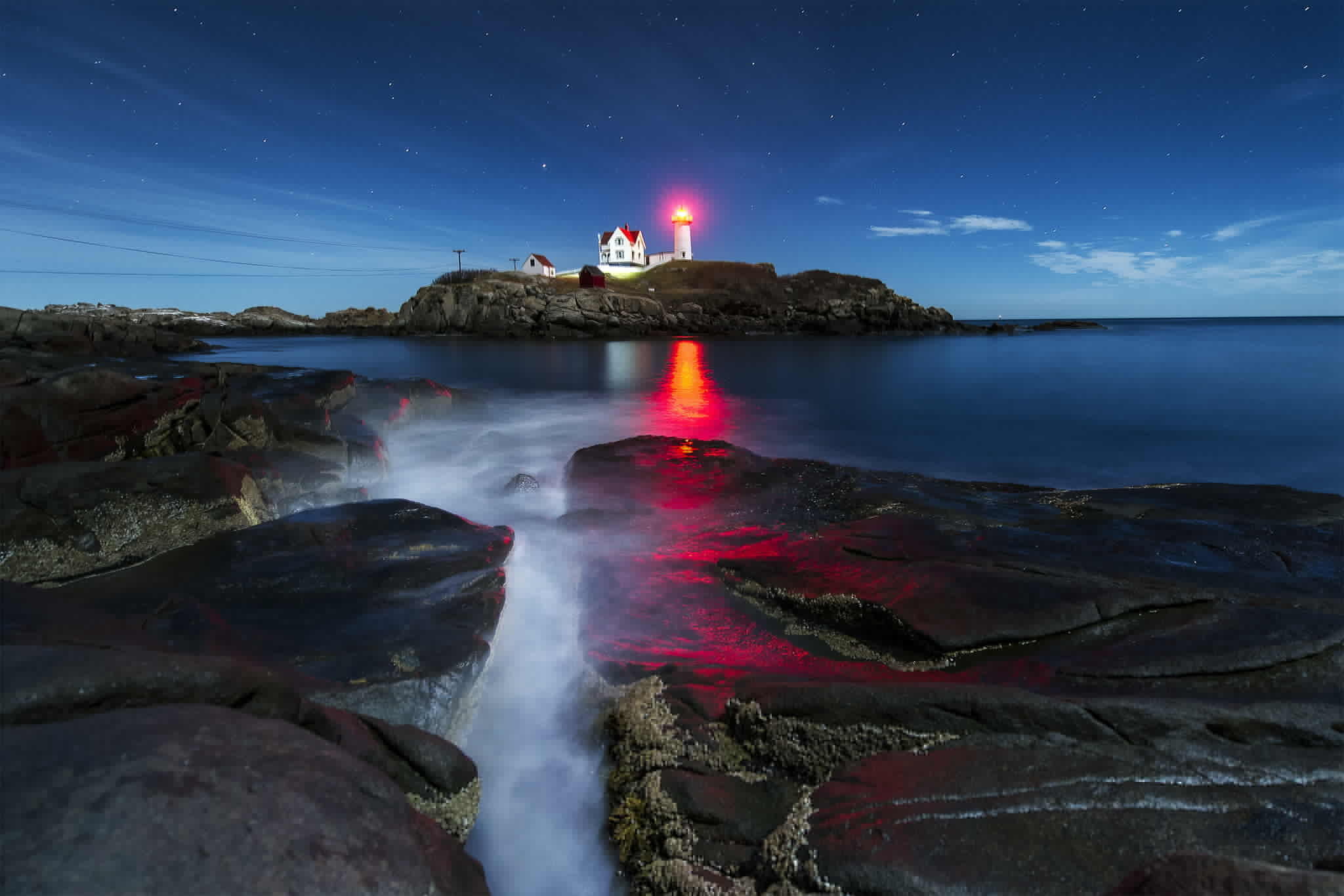 the Atlantic ocean, 1080P, Concordville, light, USА, York Corner, stars, the sky, lighthouse, island, HD Wallpaper