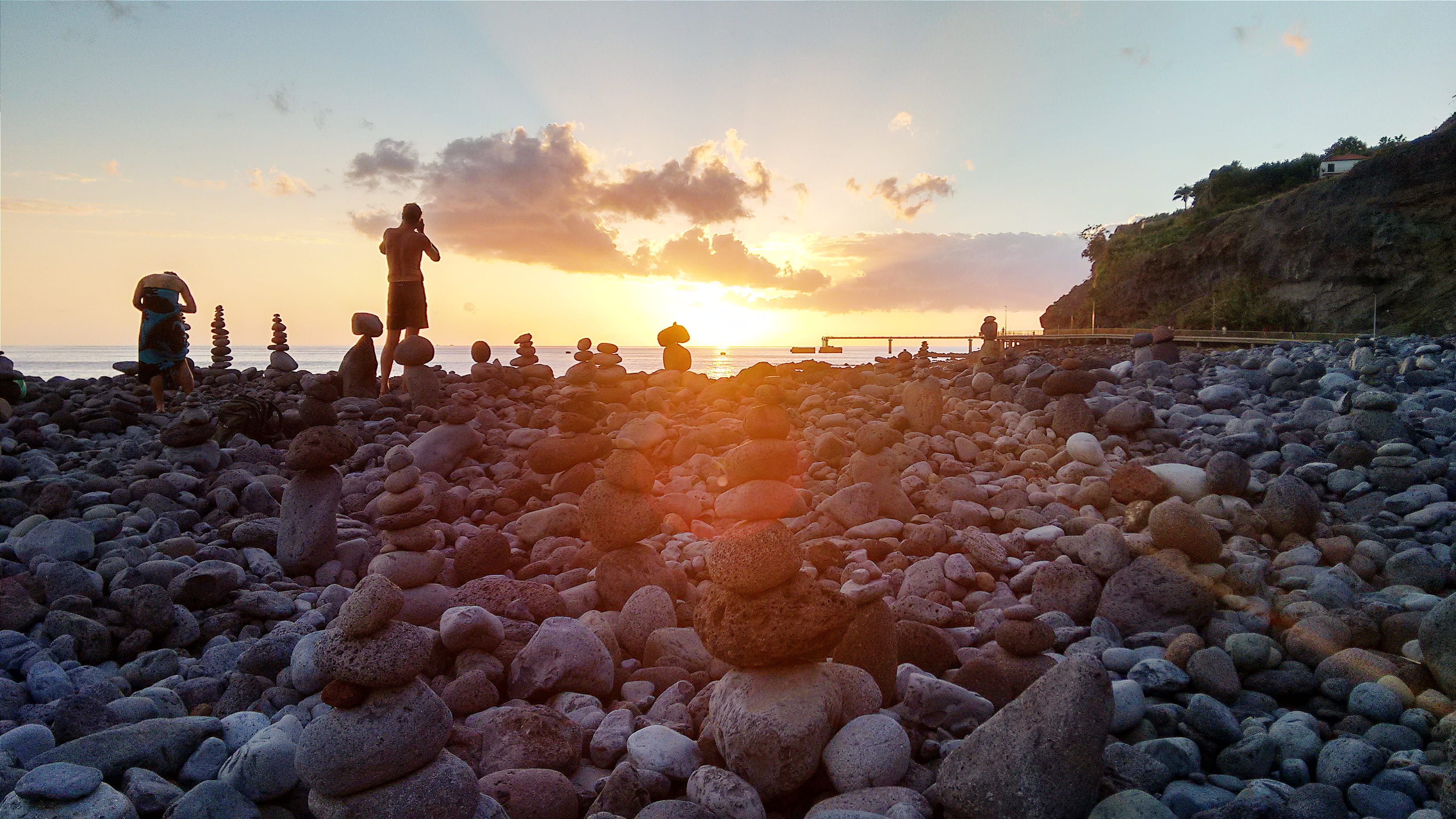 beauty in nature, 2K, solid, rock, sunset, cloud - sky, shore, ocean, waves, funchal, beach, scenics - nature, madeira, madeira island, group of people, HD Wallpaper