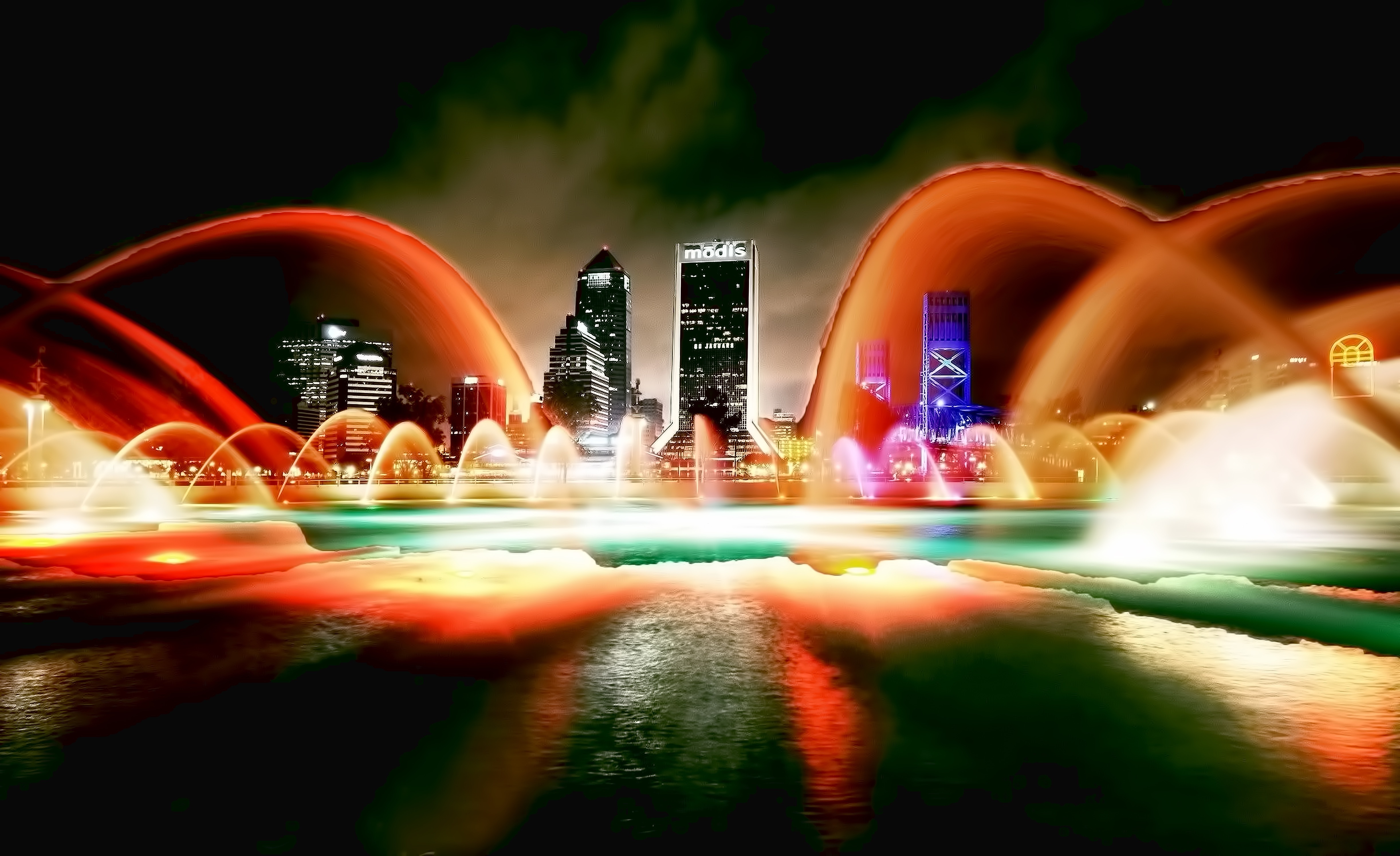 illuminated, architecture, cityscape, motion, waterfront, lapse, blurred motion, office building exterior, skyline, fountain, skyscraper, city, swimming pool, HD Wallpaper