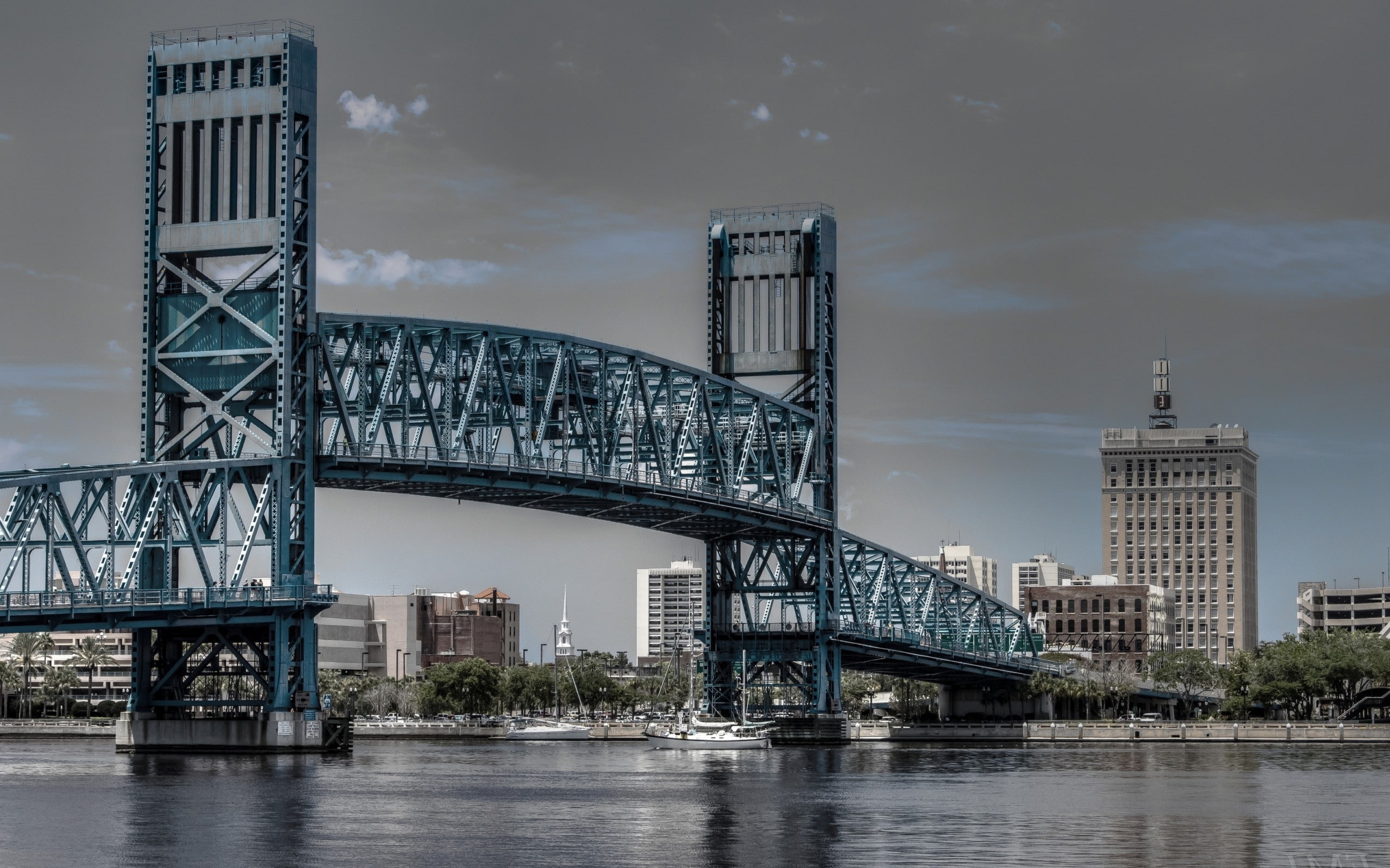 2K, architecture city cityscape bridge river building ship jacksonville florida usa yacht clouds trees metal, HD Wallpaper