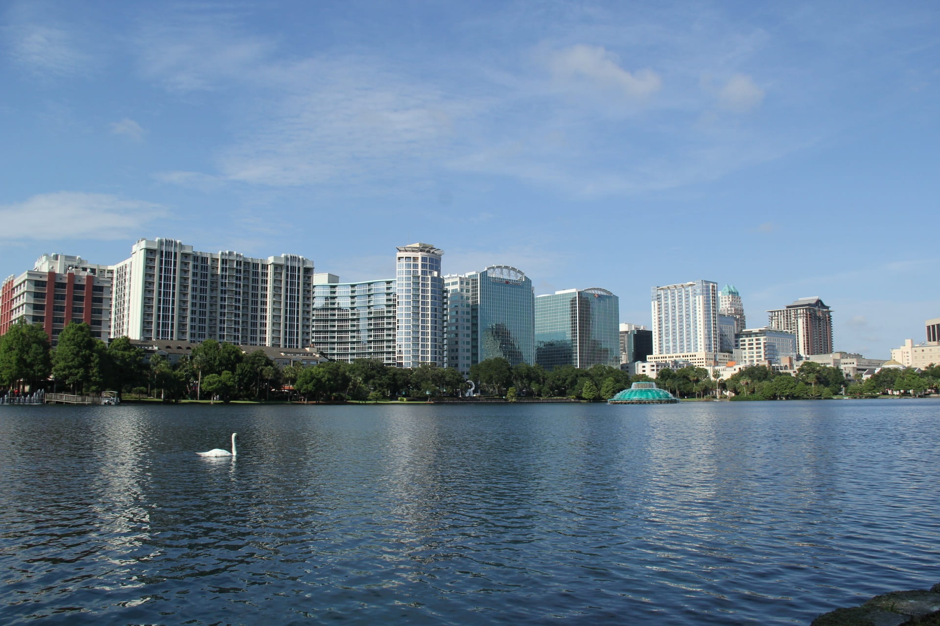 Swan, Water, florida, Eola, urban skyline, landscape, cityscape, sky, day, 1080P, Orlando, office, famous, skyscraper, building exterior, outdoors, architecture, HD Wallpaper