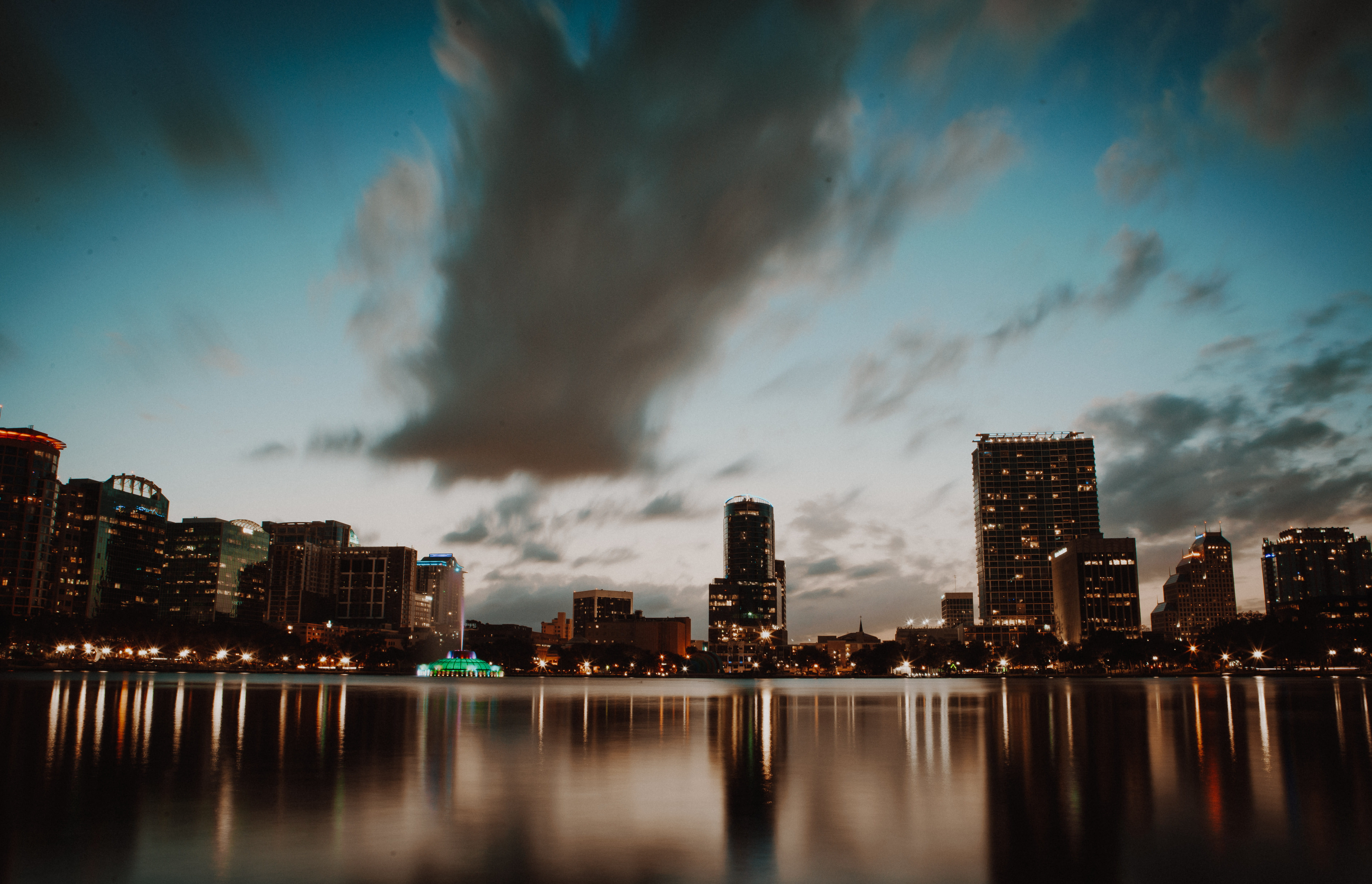 tower, photography, city, blue, office Building, waterfront, uSA, twilight, long exposure, illuminated, glow, built Structure, business, dusk, 5K, building, HD Wallpaper
