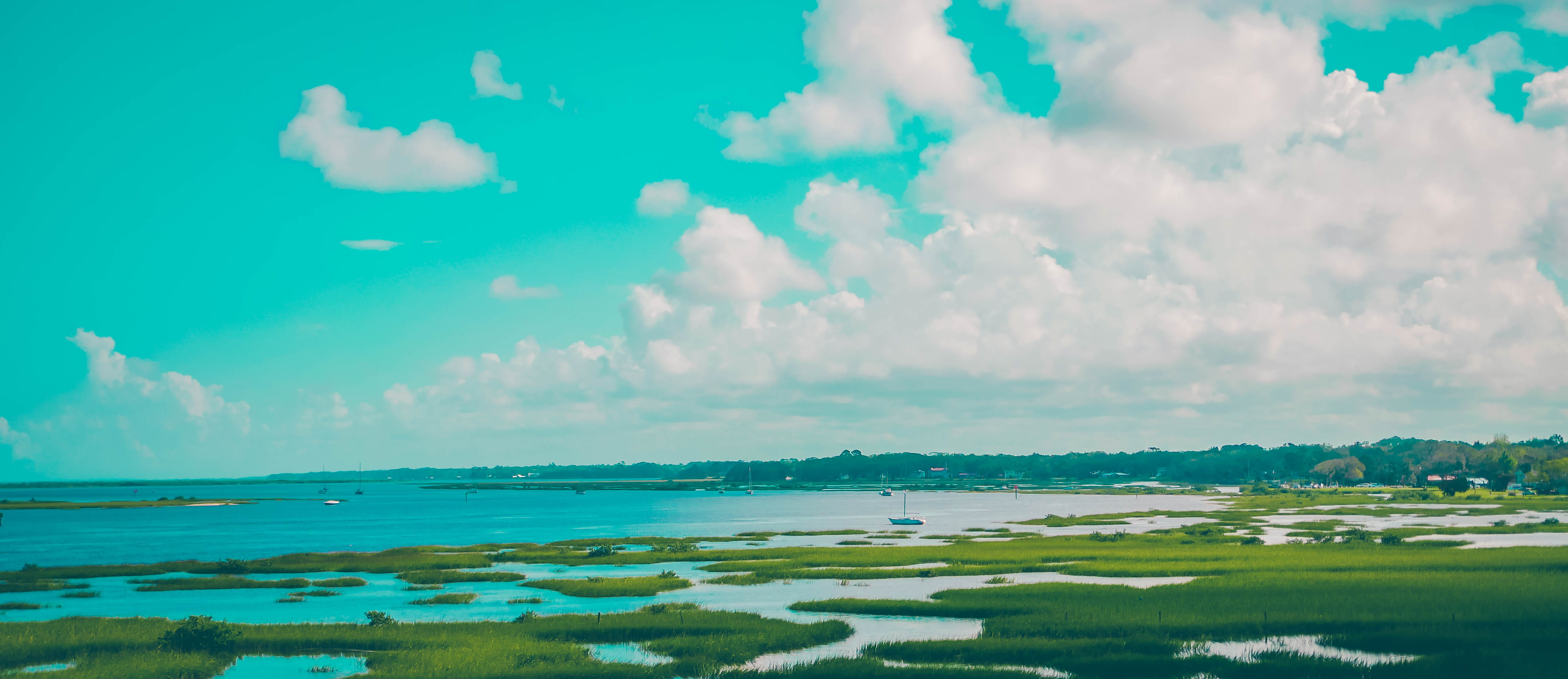nature, harbor, calm, day, coast, lagoon, outdoors, marsh, no people, grass, green color, idyllic, tranquil, clouds, sky, boats, sea, water, travel destinations, HD Wallpaper