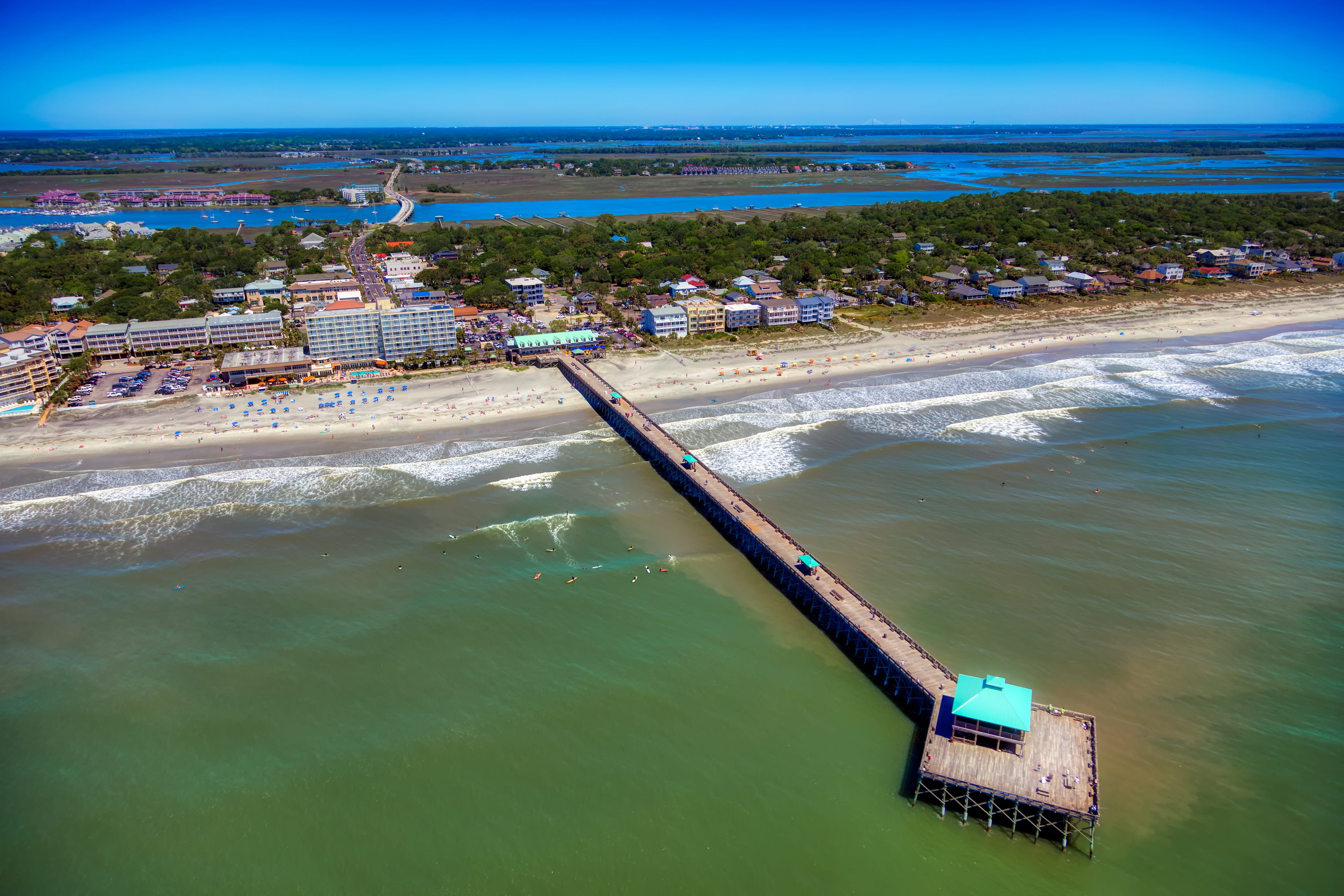 tourism, aerial view, water, charleston, day, building exterior, america, turquoise colored, beach, south, sky, boats, south carolina, sea, folly pier, HD Wallpaper