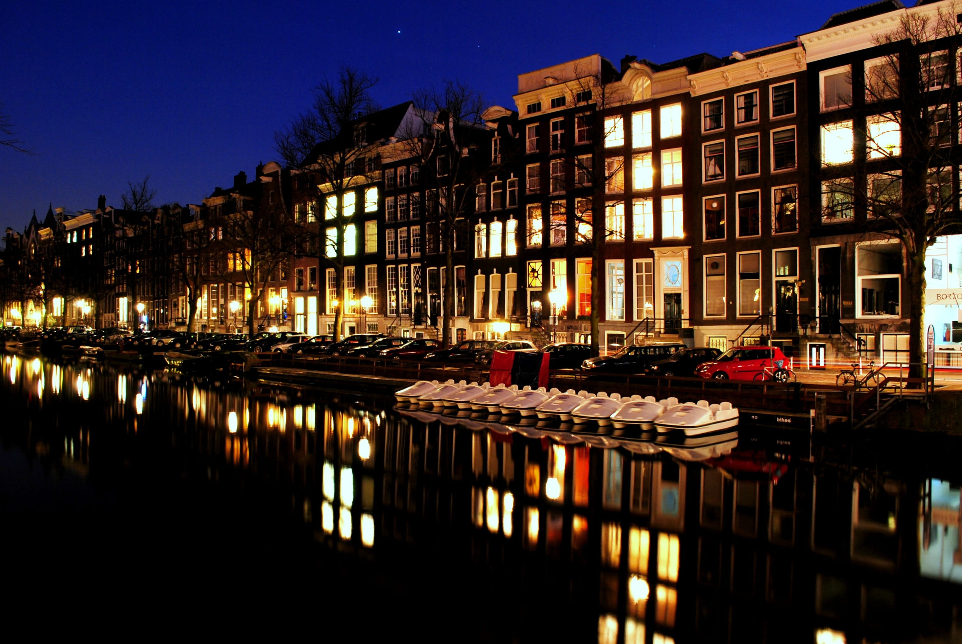 window, capital, scene, Holland, netherlands, illuminated, bicycle, boat, building exterior, Canal, summer, moored, blue, city, bridge, no people, cityscape, HD Wallpaper
