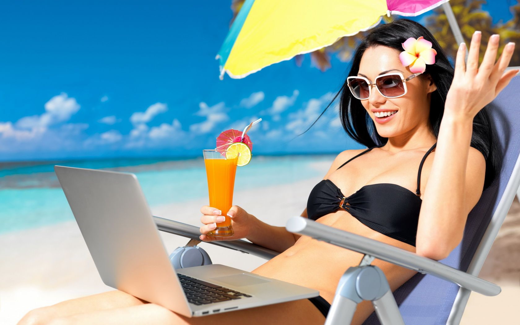 summer, beach, woman, laptop, cocktail, beauty, 720P, umbrella, girl, HD Wallpaper